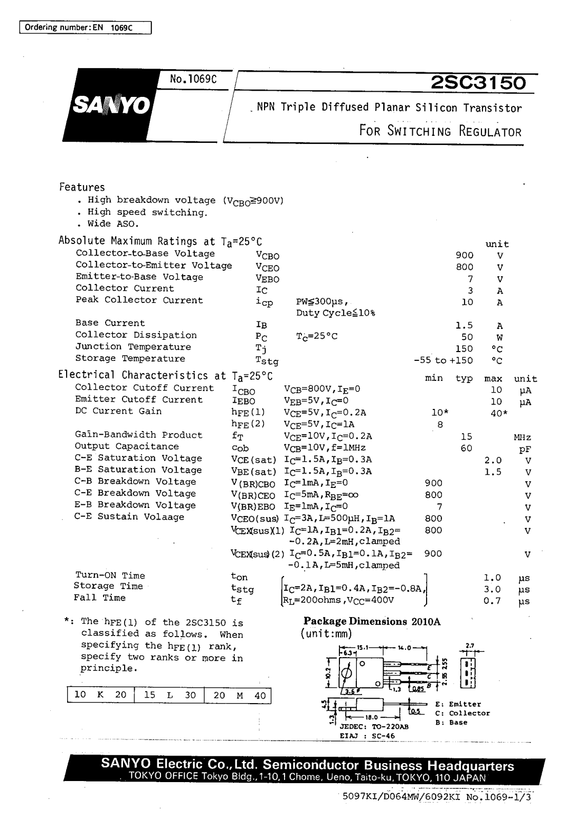 SANYO 2SC3150 Datasheet