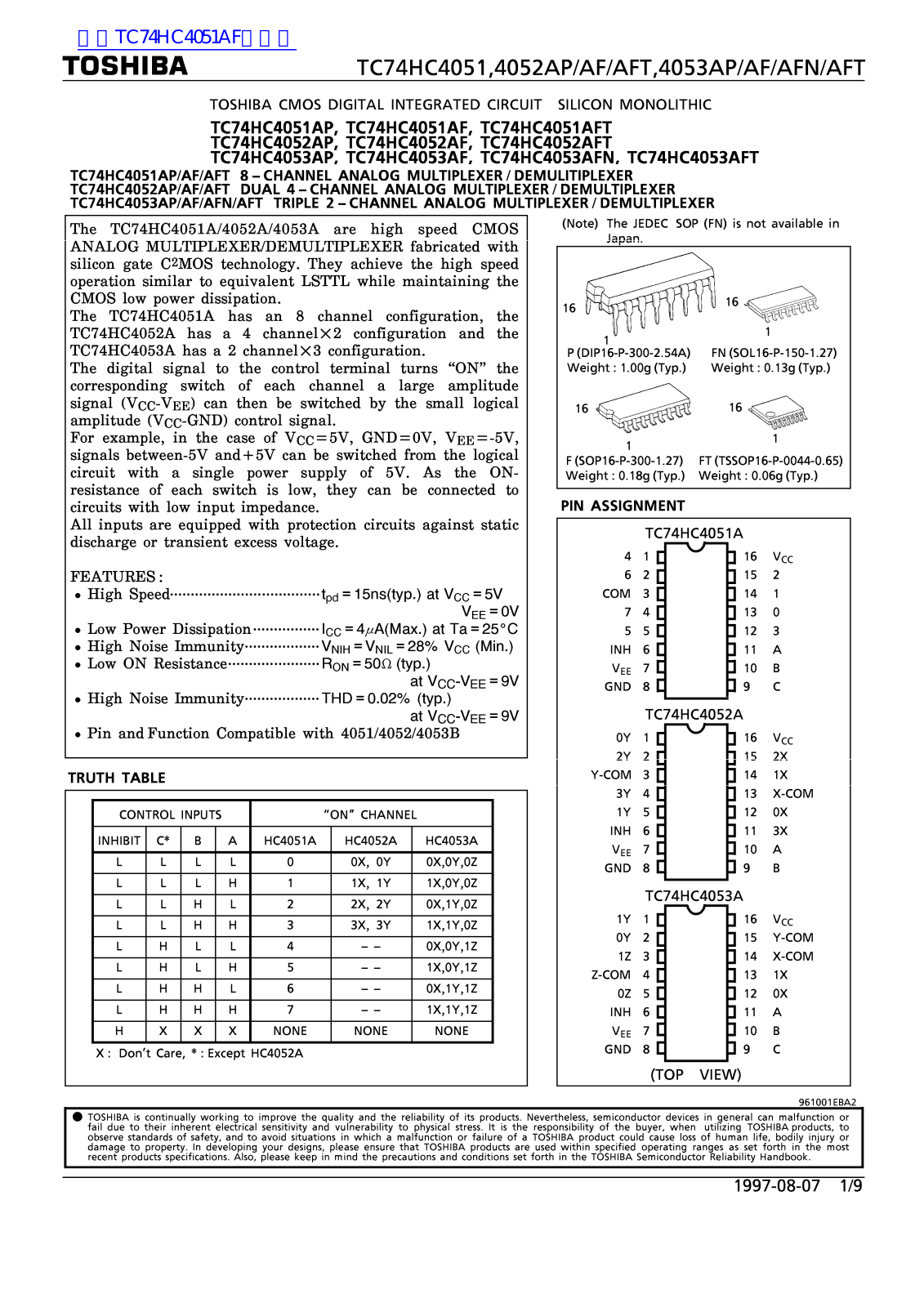 TOSHIBA TC74HC4051AP Technical data