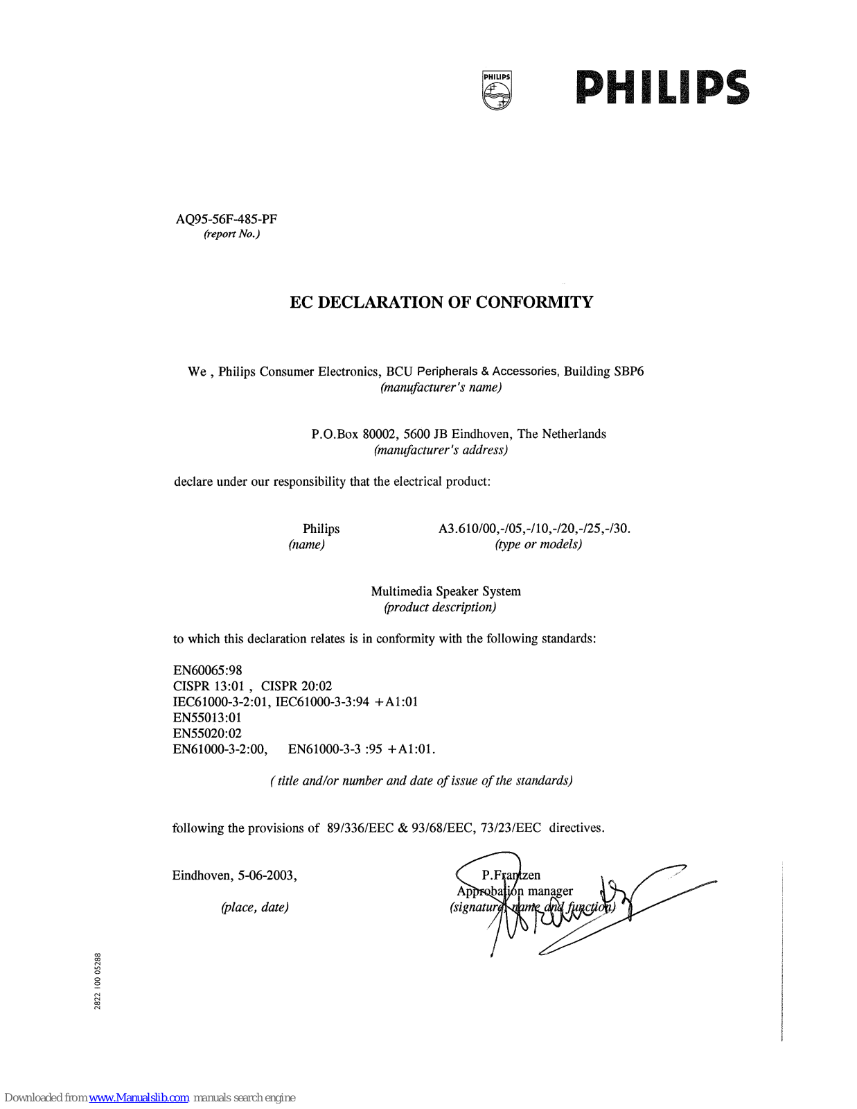 Philips A3.610/05, A3.610/00, A3.610/20, A3.610/25, A3.610/30 Declaration Of Conformity