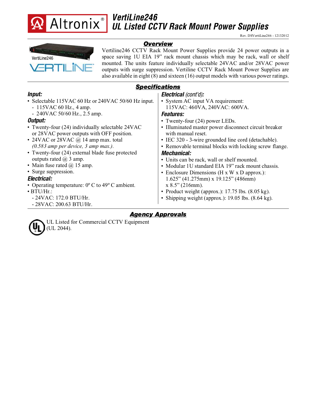 Altronix VertiLine246 Data Sheet