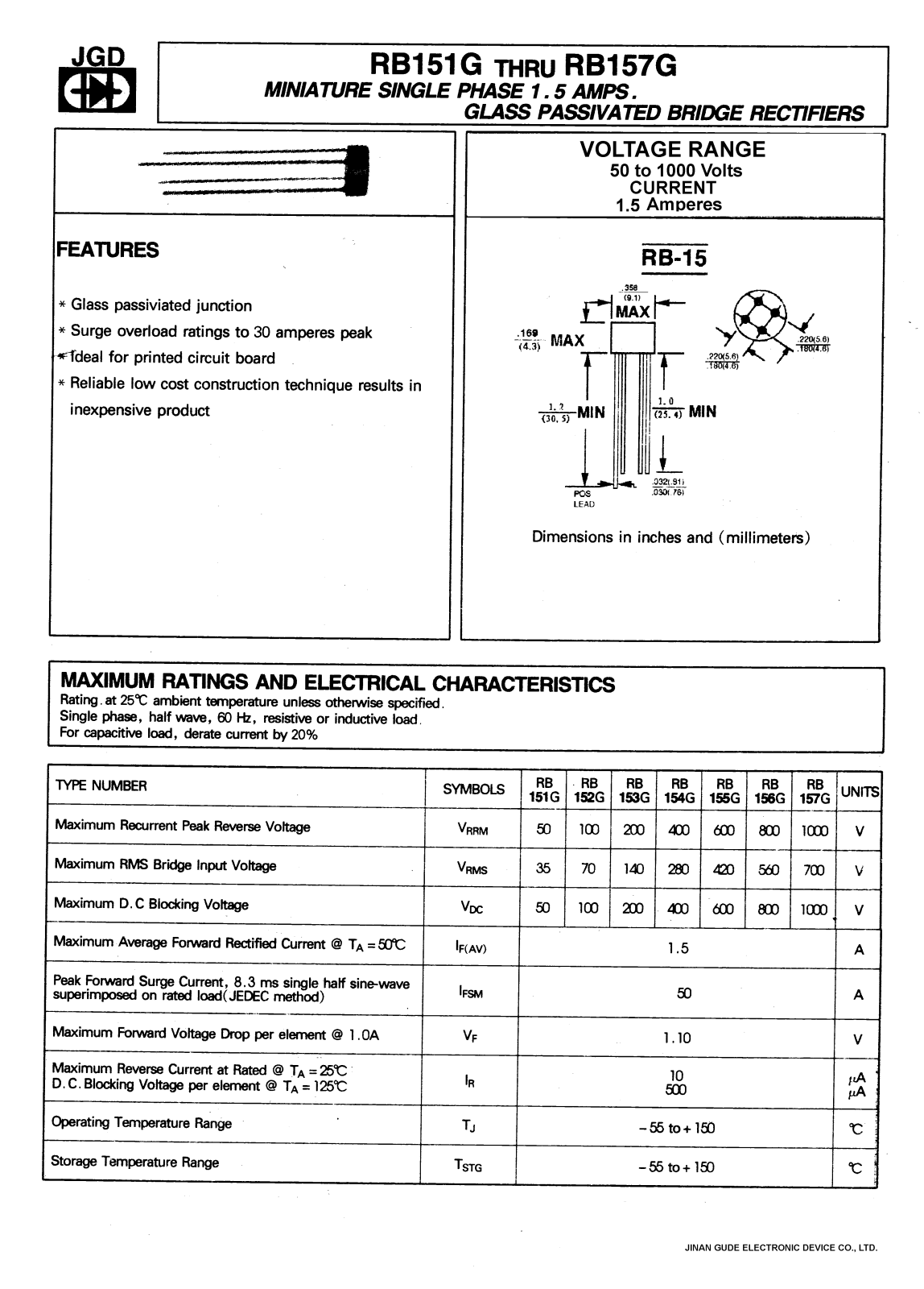 JGD RB153G, RB152G, RB151G, RB155G, RB154G Datasheet