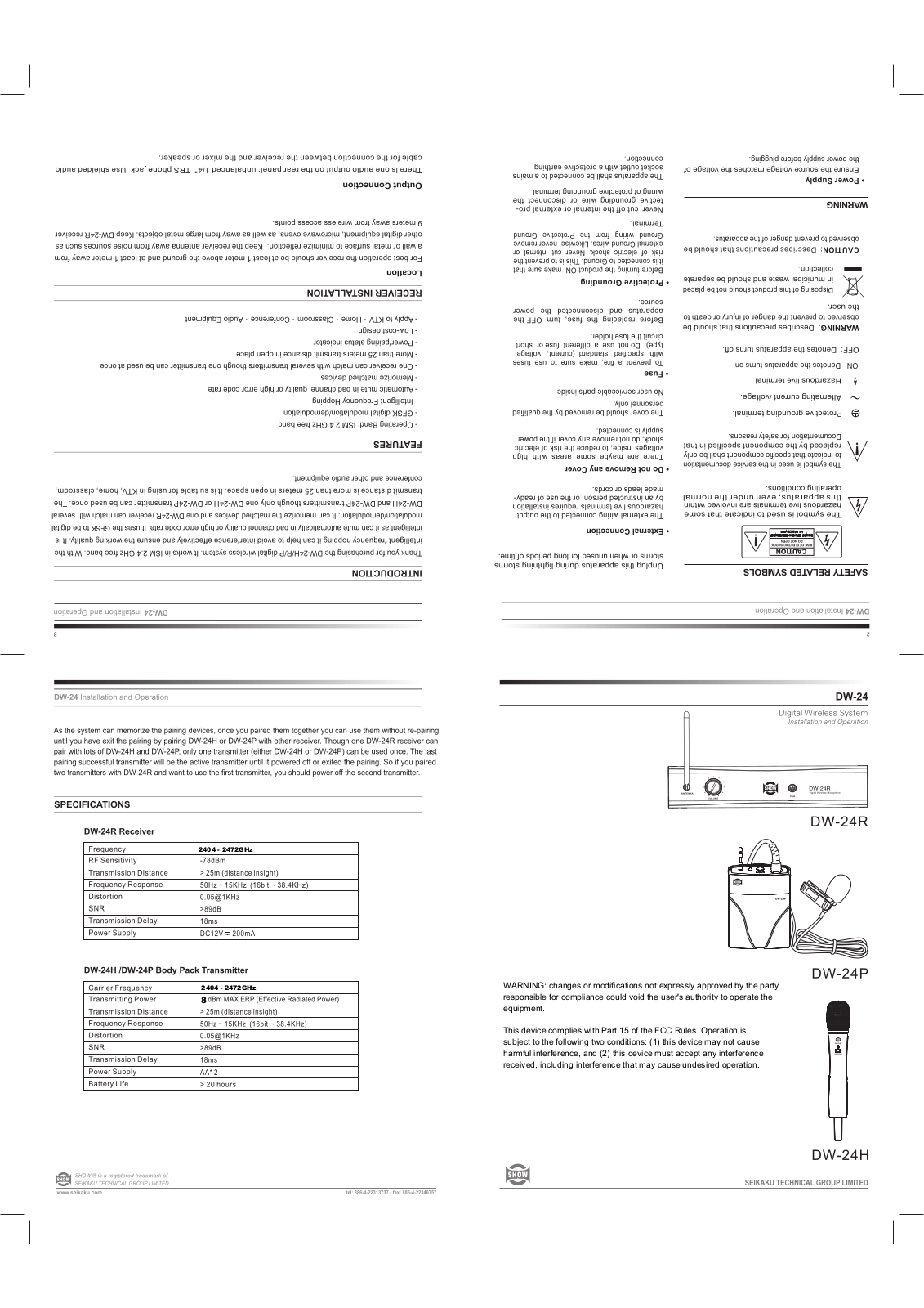 SEIKAKU TECHNICAL GROUP DW 24P, DW 24H Users manual