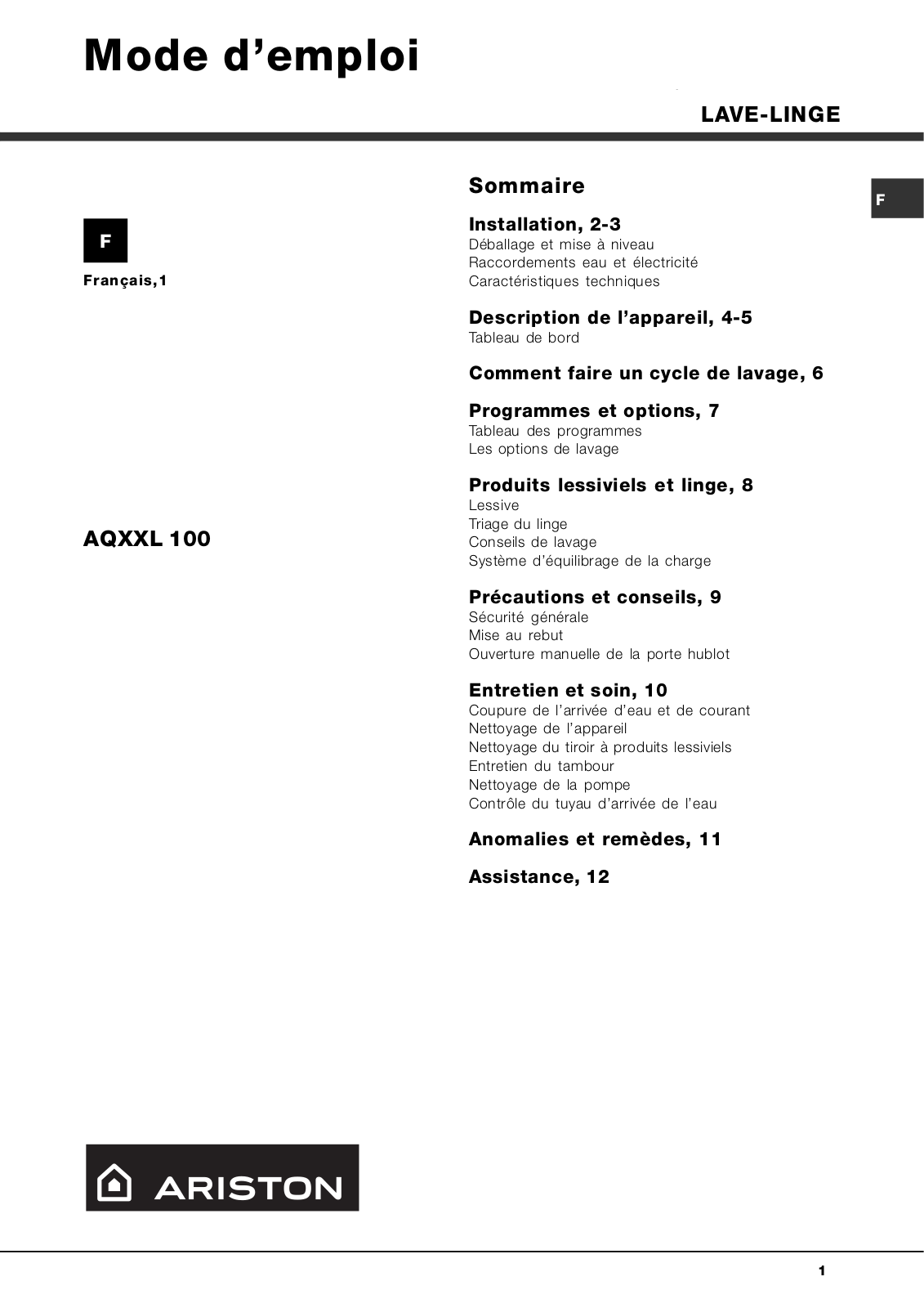 Hotpoint AQXXL 100 User Manual