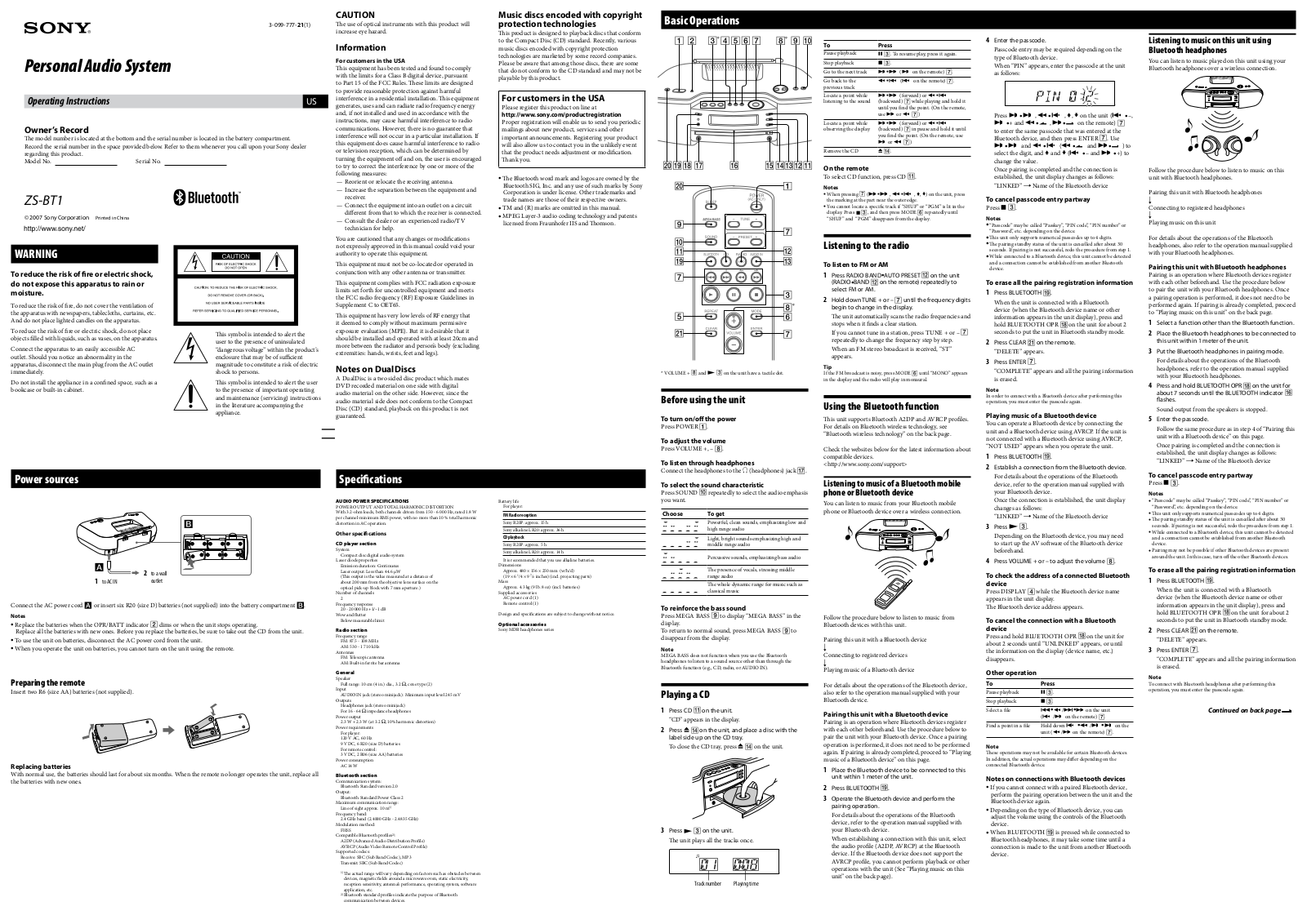 Sony ZS-BT1 Operating Instruction