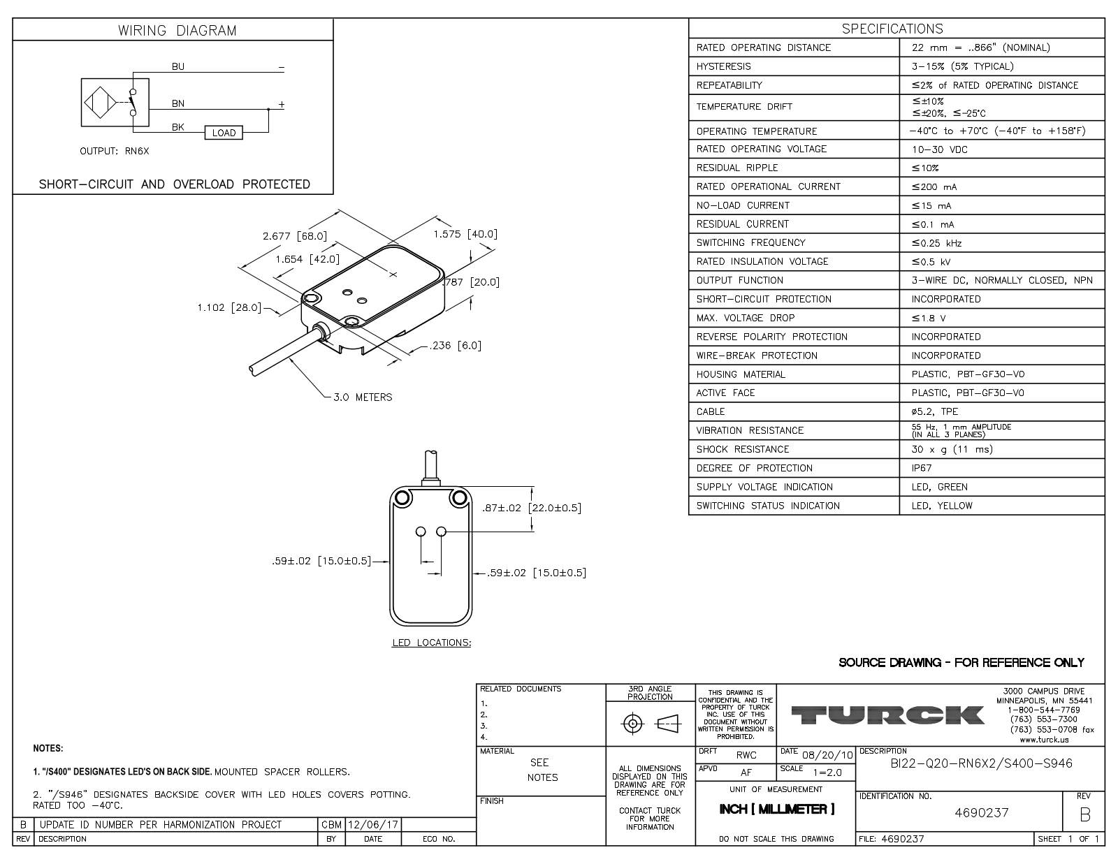 Turck BI22-Q20-RN6X2/S400-S946 Data Sheet