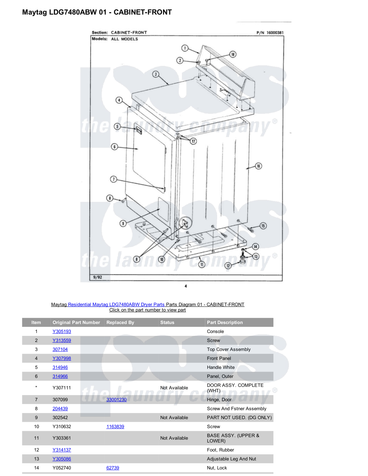 Maytag LDG7480ABW Parts Diagram