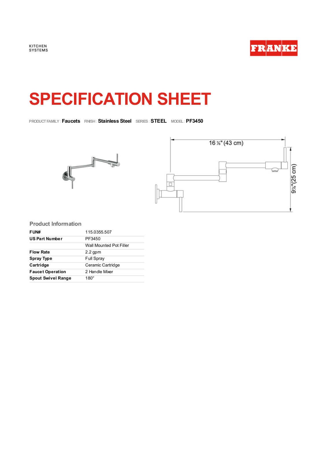 Franke PF3450 Specs