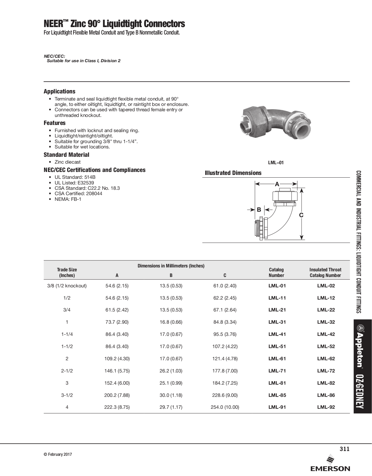 Appleton NEER™ Zinc 90° Liquidtight Connectors Catalog Page