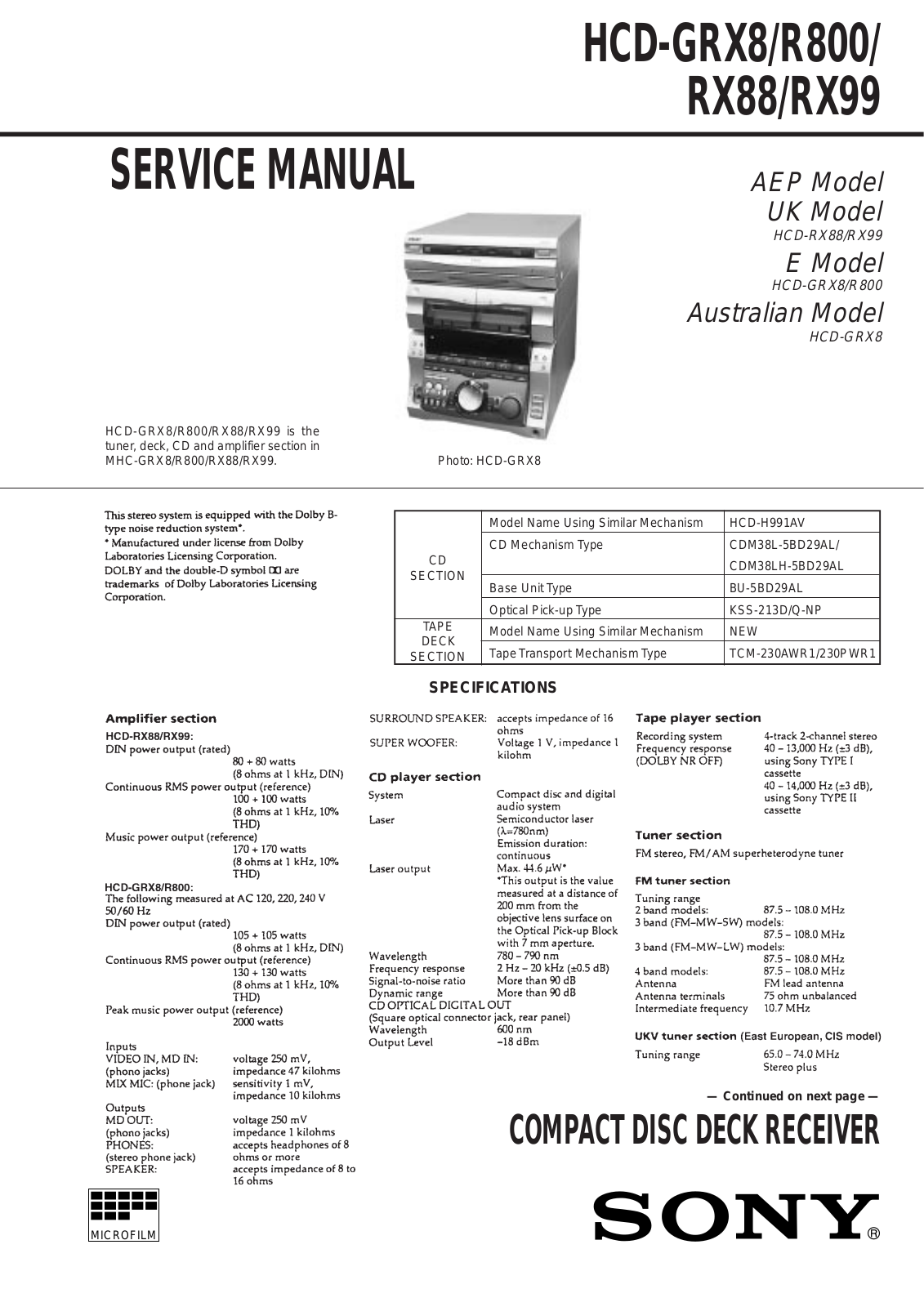 Sony HCD-GRX8, HCD-R800, HCD- RX88, HCD-RX99 Service Manual