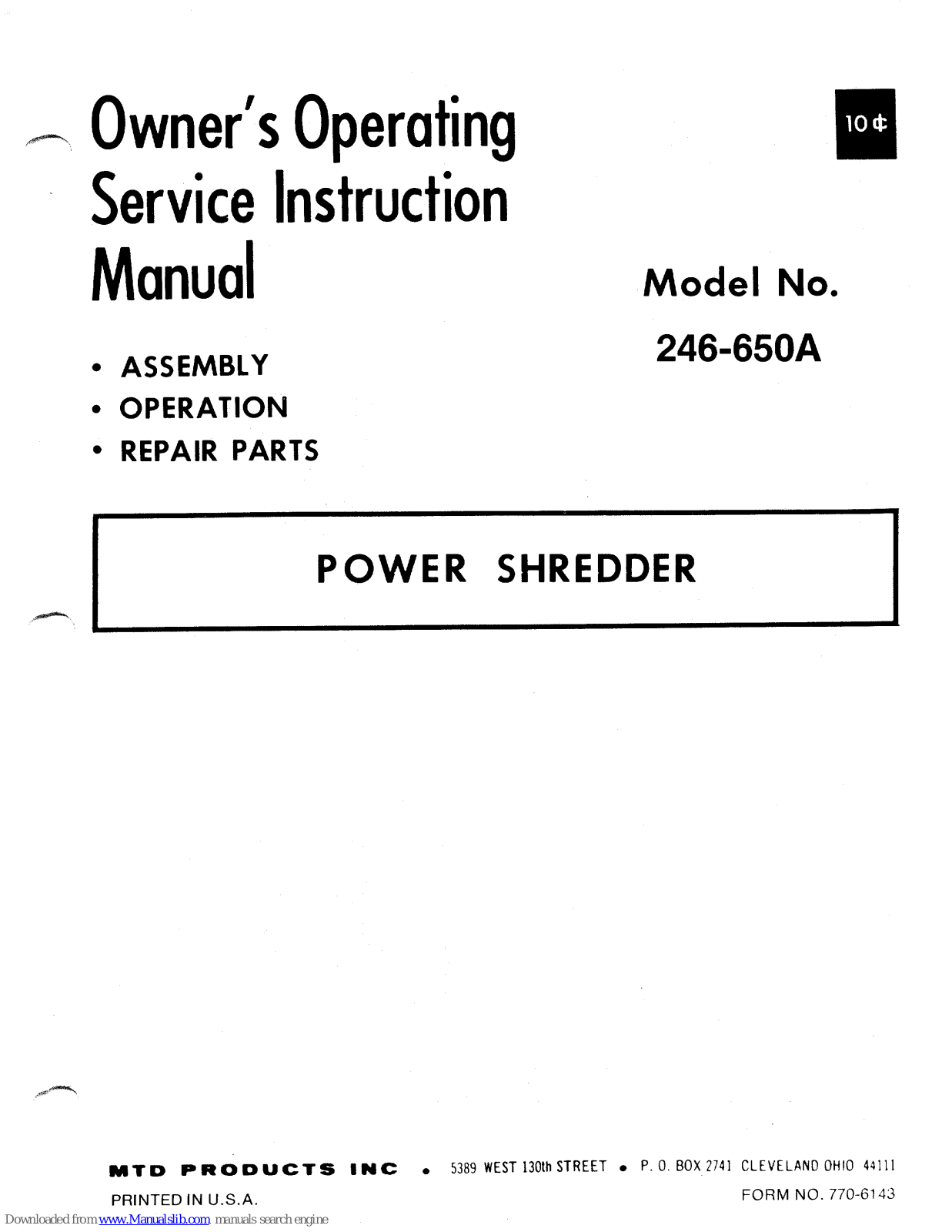 MTD 246-650A Owner's Operating Service Instruction Manual