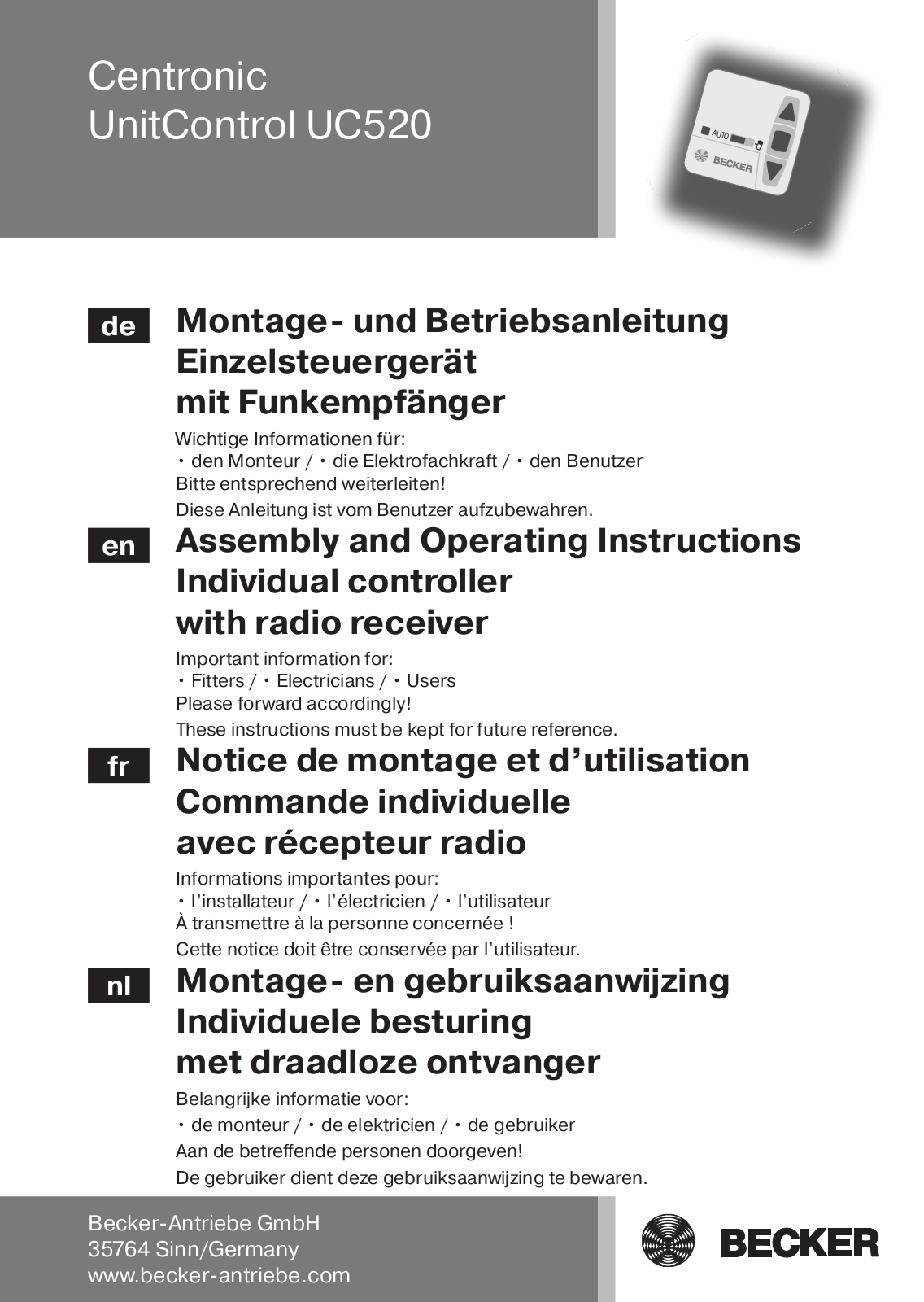 Becker Centronic UnitControl UC520 Assembly And Operating Instructions Manual