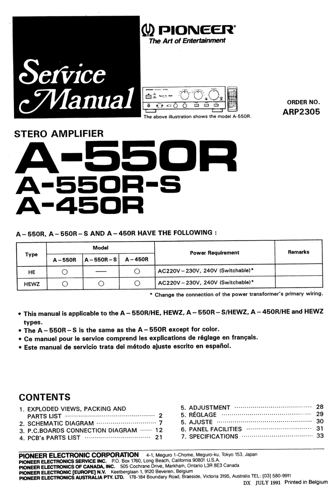 Pioneer A-450, A-550-RS, A-550-R Service manual