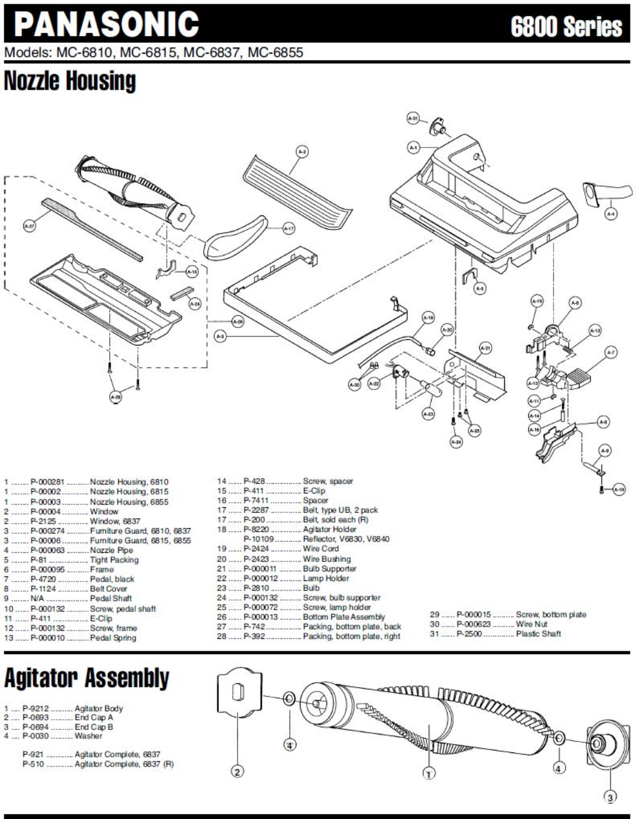 Panasonic 6810, 6815, 6855, 6837 Parts List