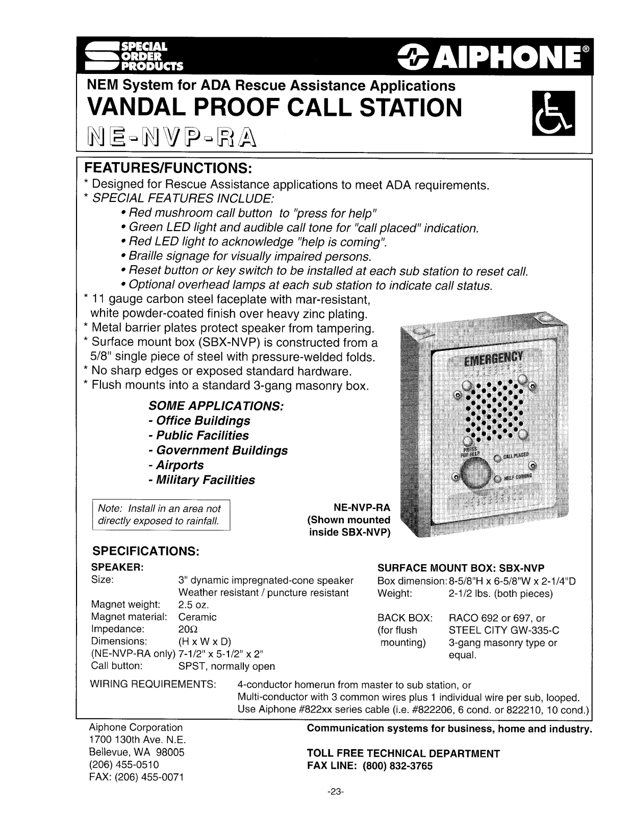 Aiphone NE-NVP-RA Specsheet