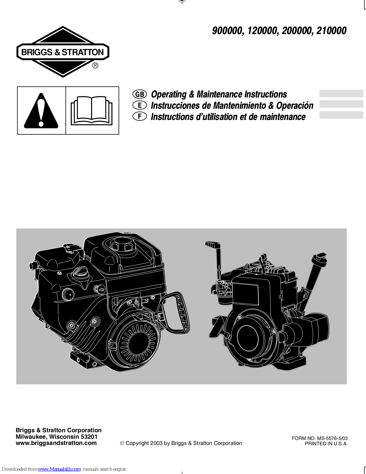 Briggs & Stratton Intek 200000, Intek 120000, Industrial Plus 900000, Intek 210000 Operating & Maintenance Instructions