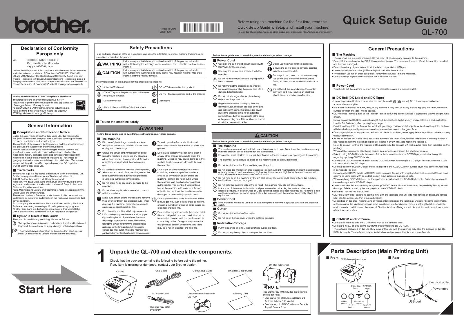 Brother QL700ZU1 Quick Start Guide