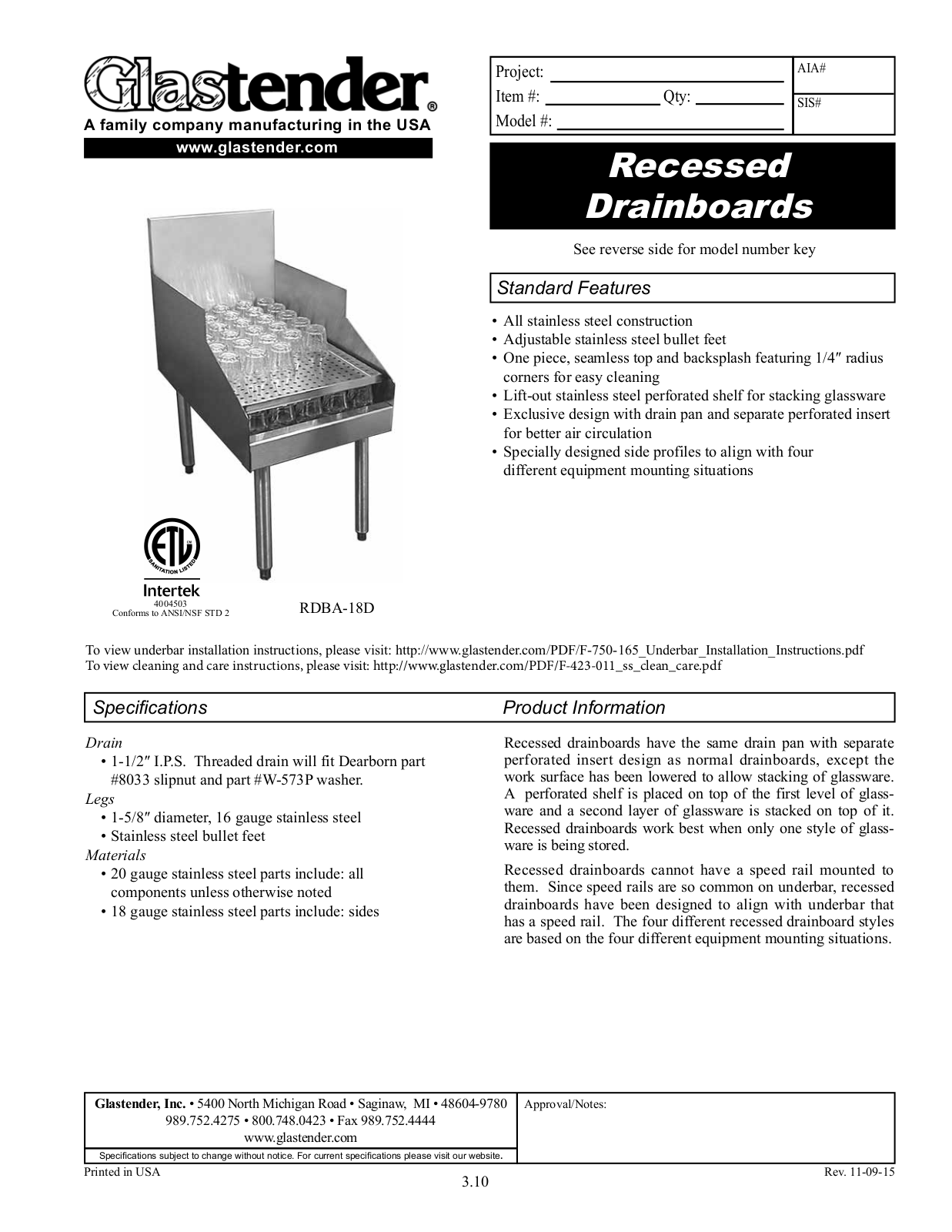 Glastender RDBA-12S User Manual