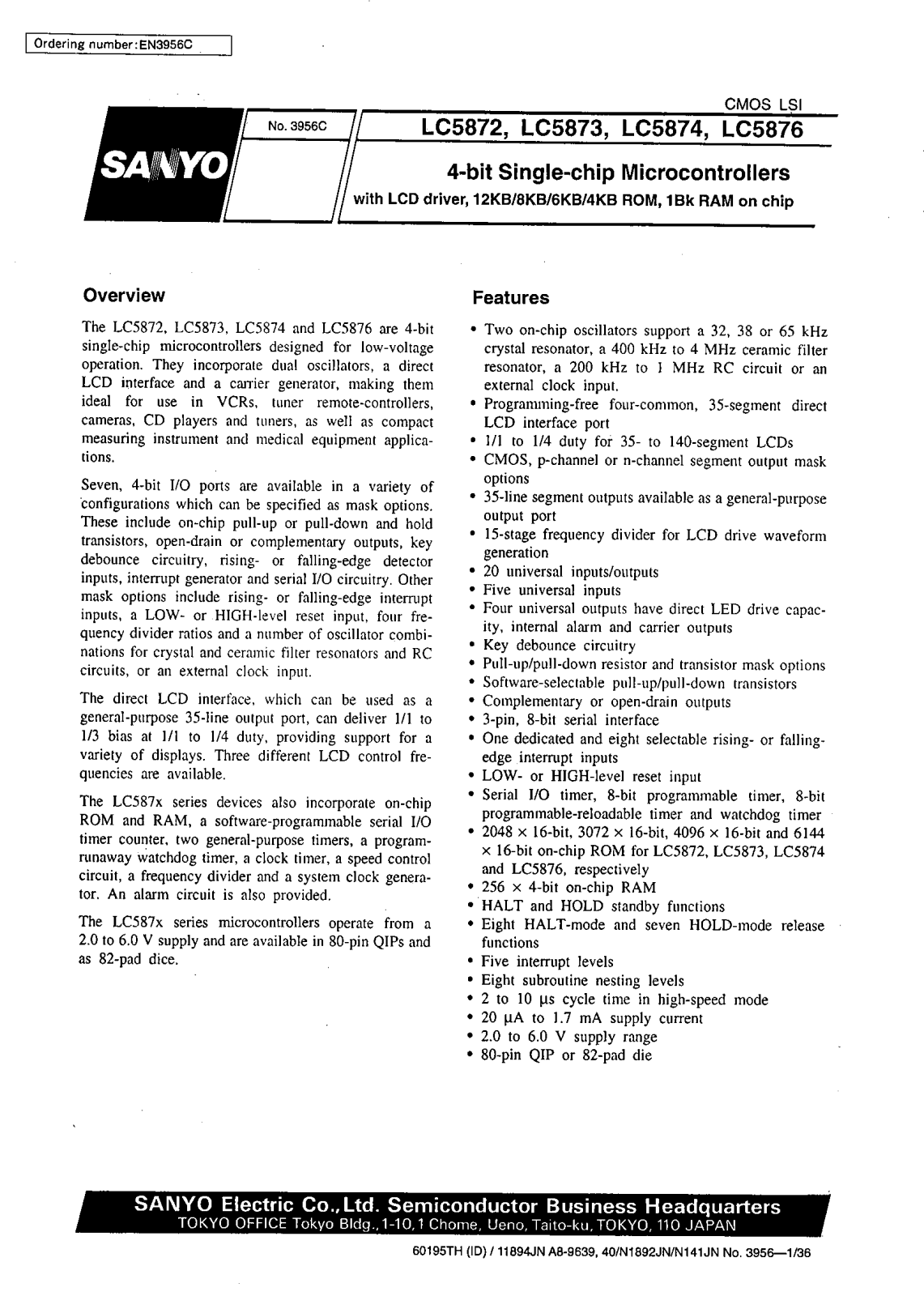 SANYO LC5873, LC5872, LC5876, LC5874 Datasheet