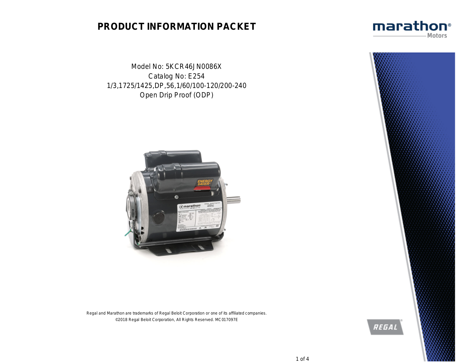 Marathon Electric 5KCR46JN0086X Product Information Packet