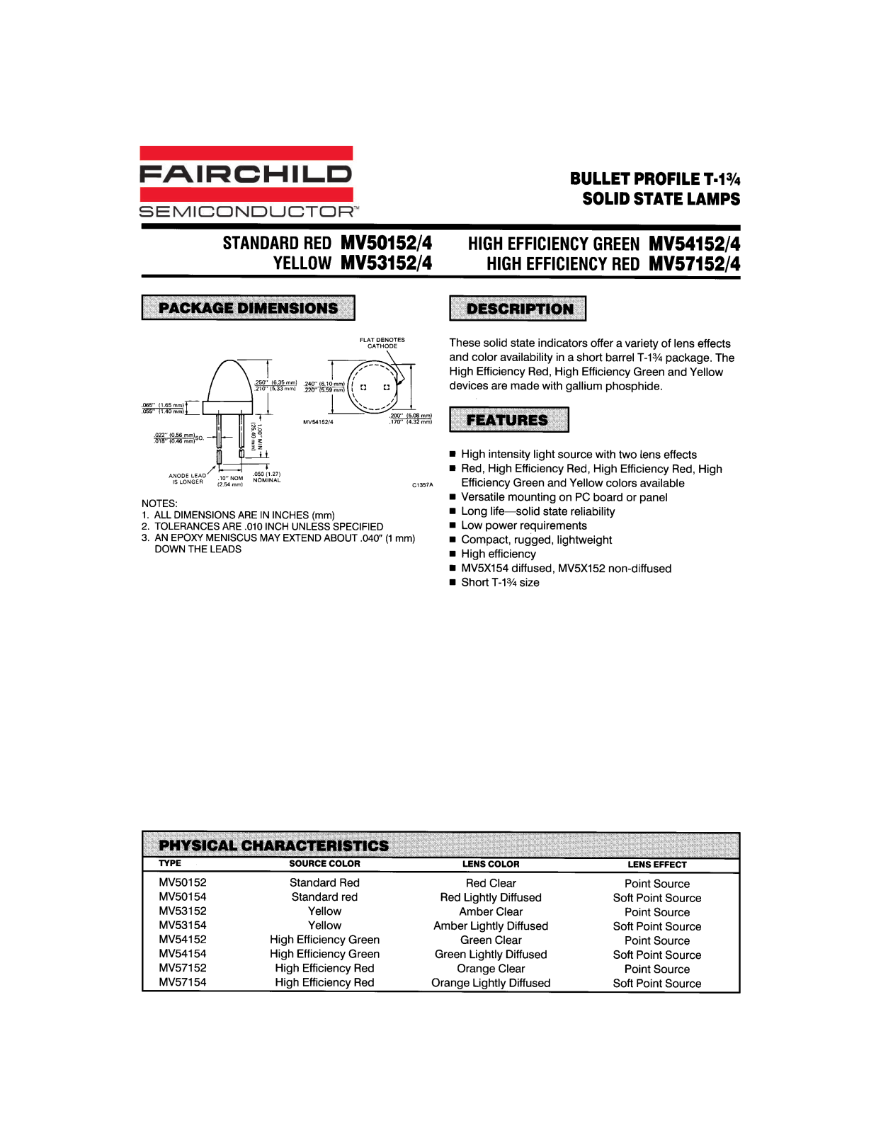 Fairchild Semiconductor MV50152, MV53154, MV54152, MV57152, MV57154 Datasheet