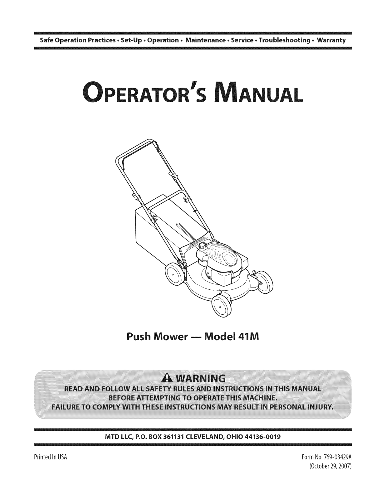 MTD 11A-41MB029, 11A-41MB000 Owner’s Manual