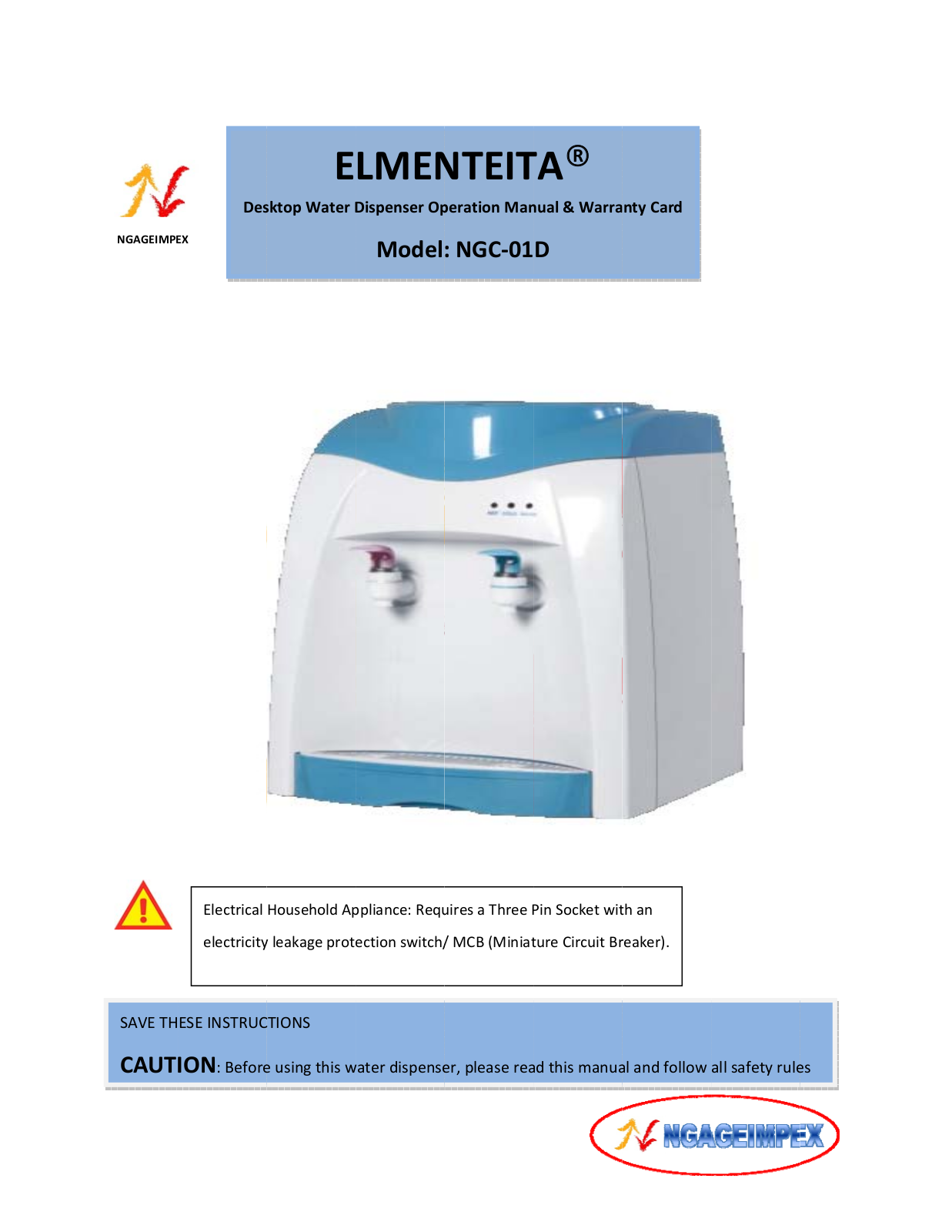 elmenteita ngc-01d Operation Manual & Warranty Card