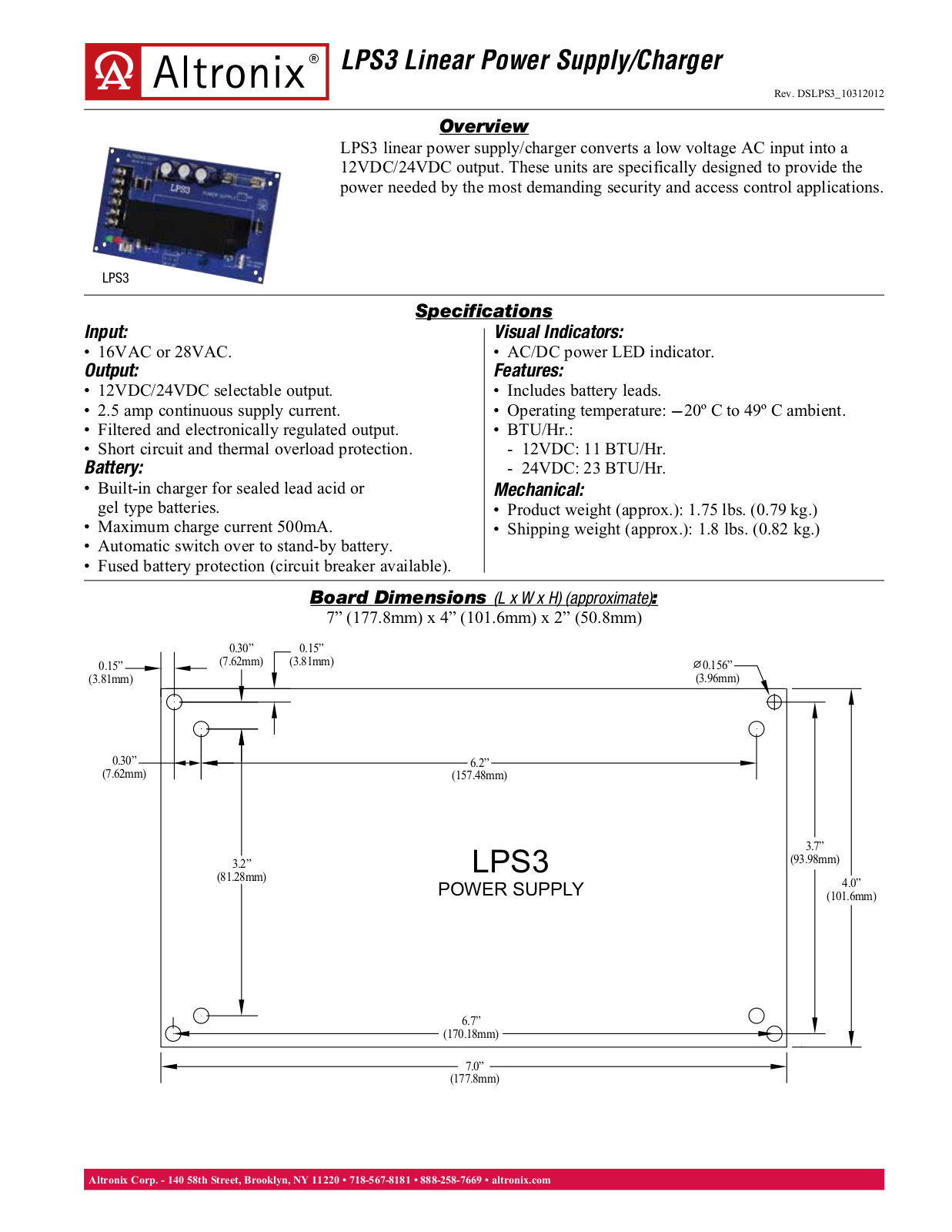 Altronix LPS3 Specsheet