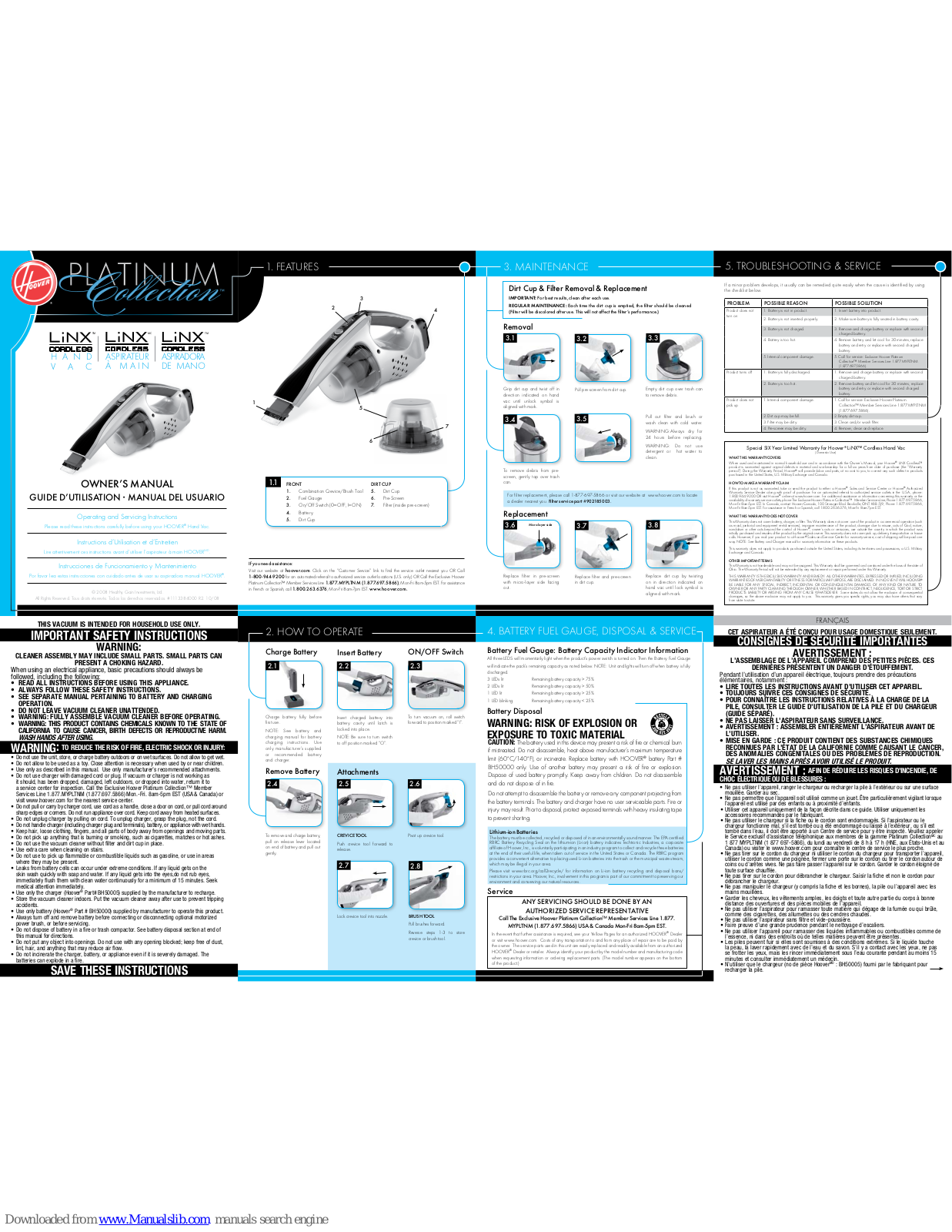 Hoover Cordless Hand Vac LiNX, LiNX Platinum Owner's Manual