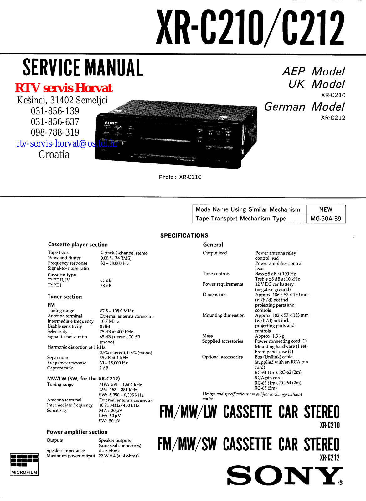 Sony XRC210, XRC212 Service Manual