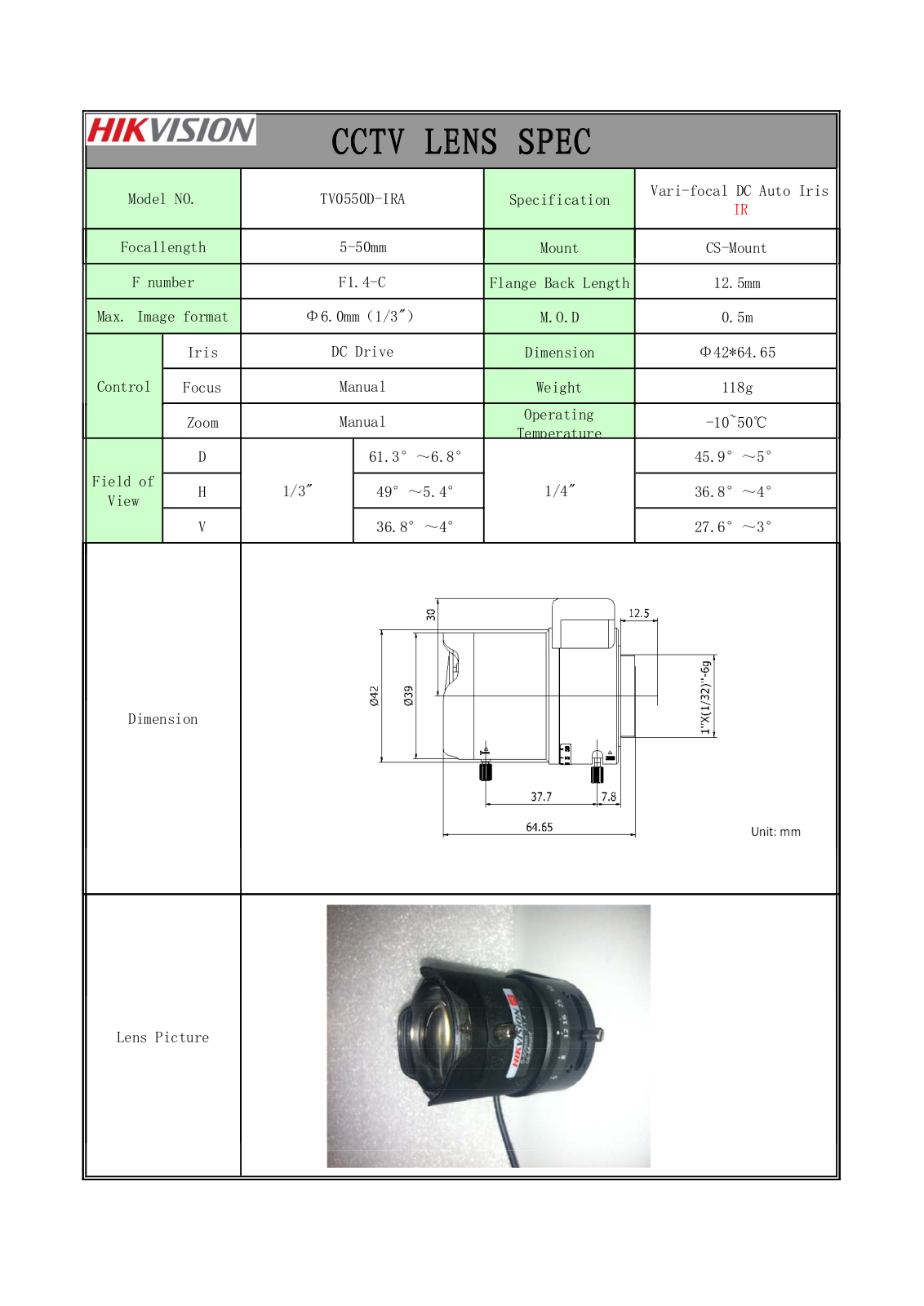 Hikvision TV0550D-IR Specsheet