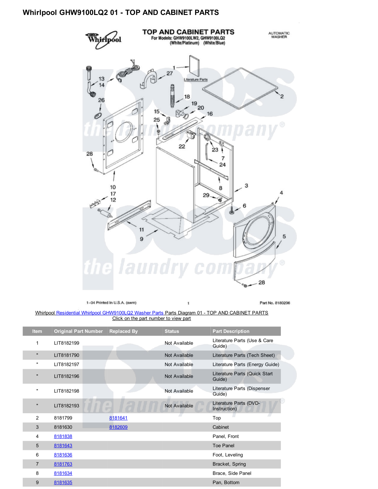 Whirlpool GHW9100LQ2 Parts Diagram