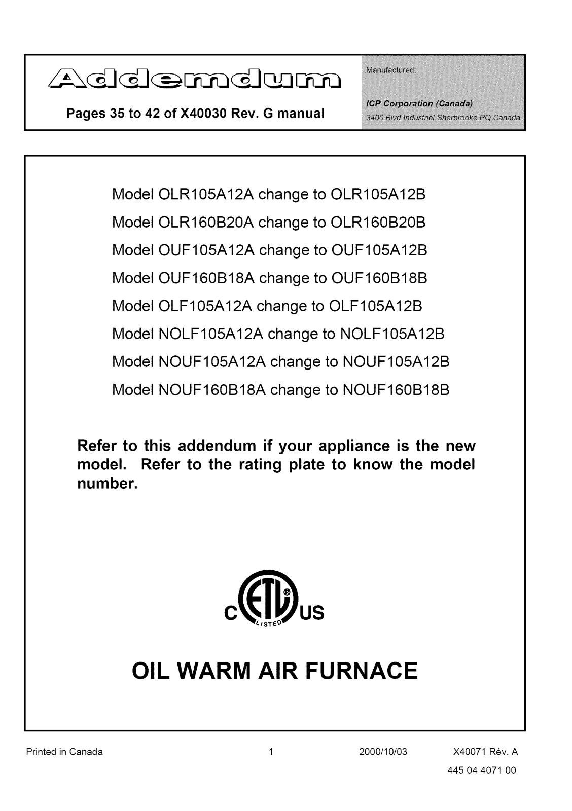 ICP NOLF105A12A, NOLF105A12B, NOUF105A12A, NOUF105A12B, NOUF160B18A Installation Guide - ManualMachine.com