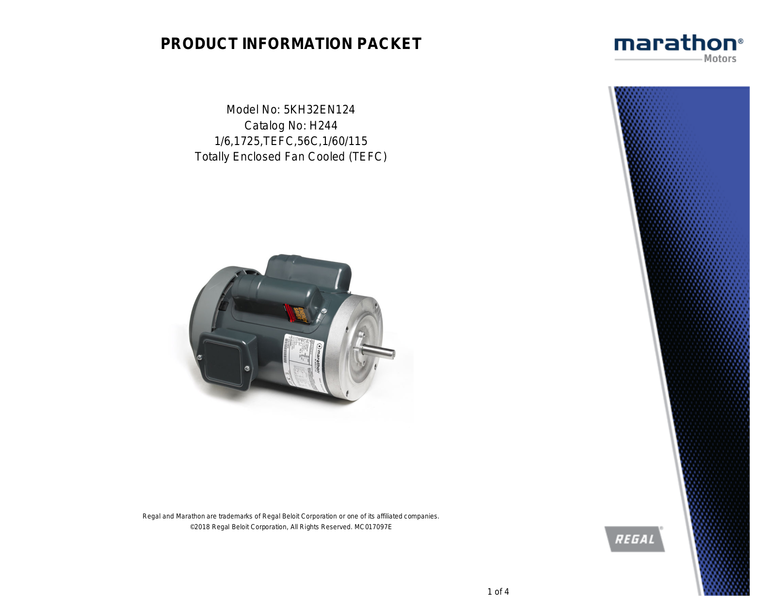 Marathon Electric 5KH32EN124 Product Information Packet