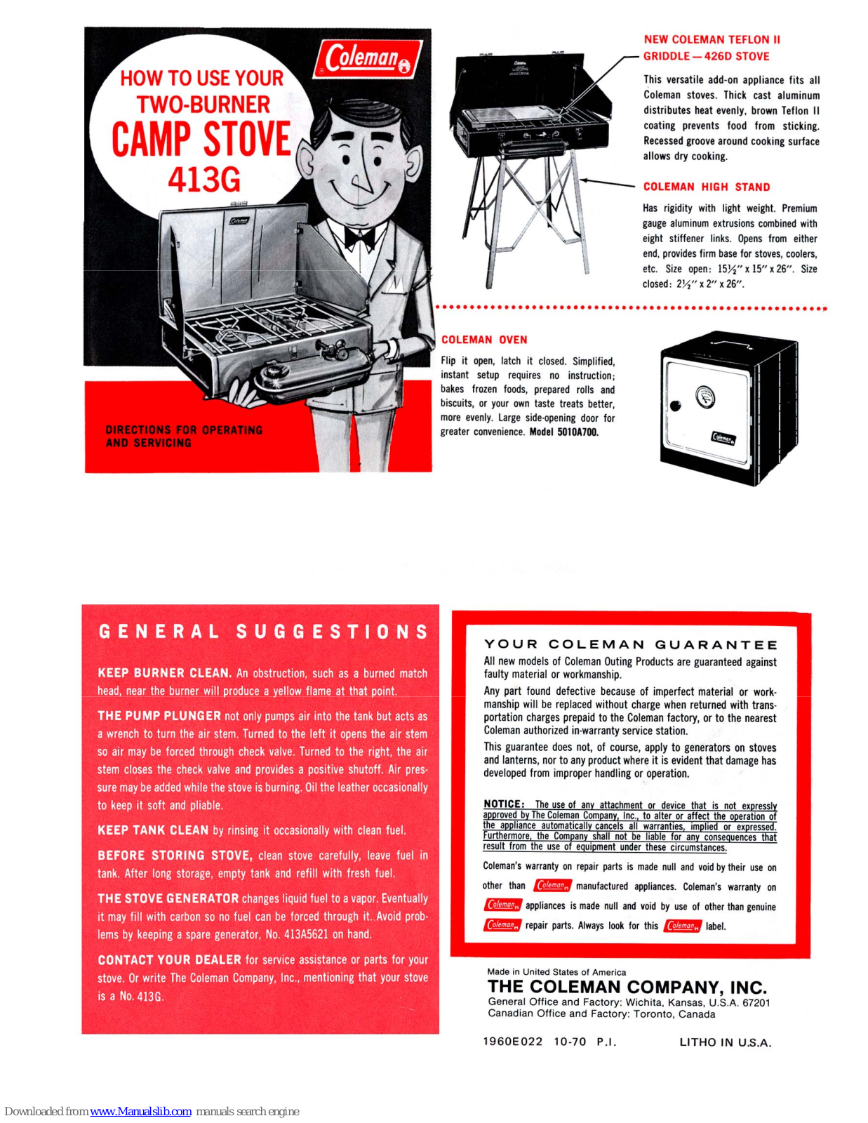 Coleman Camp Stove 413G Directions For Operating And Servising