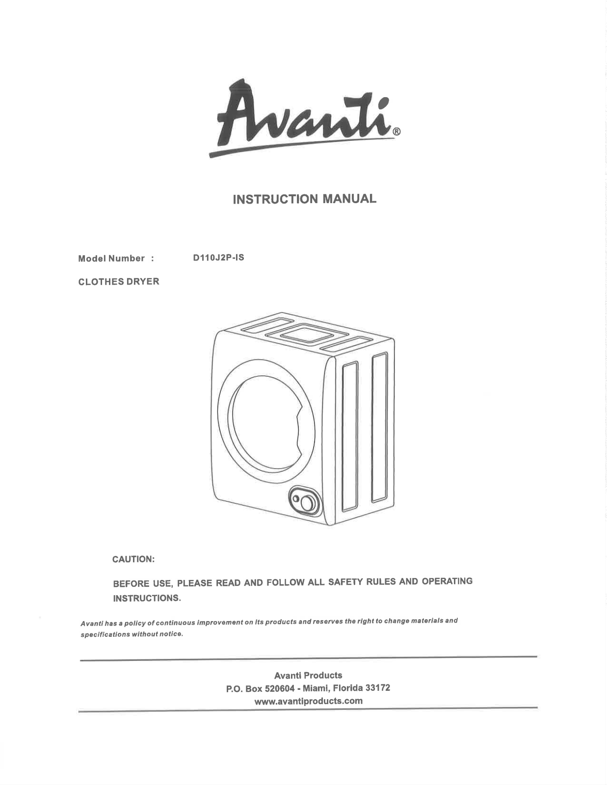 Avanti D110J2PIS User Manual