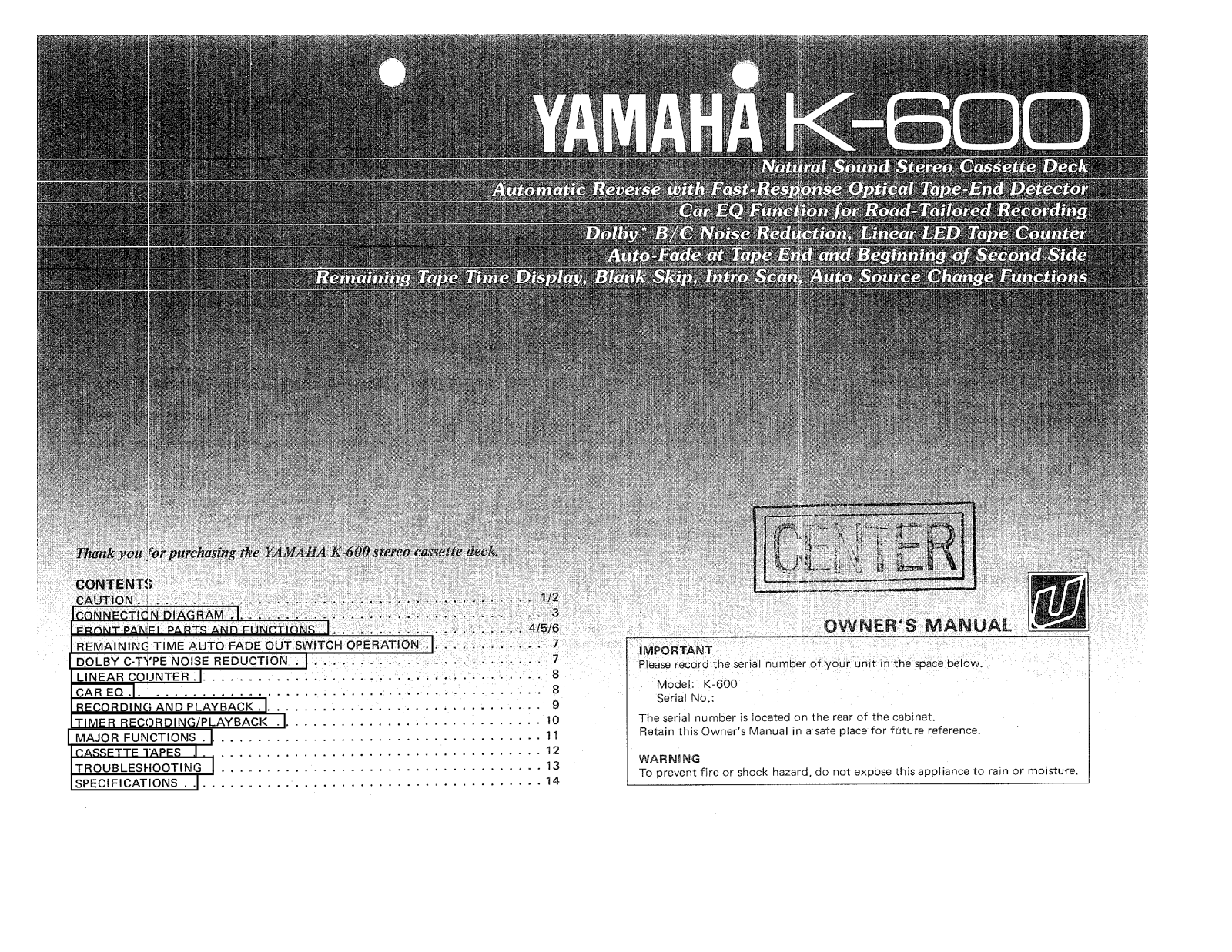 Yamaha K-600 Owner Manual