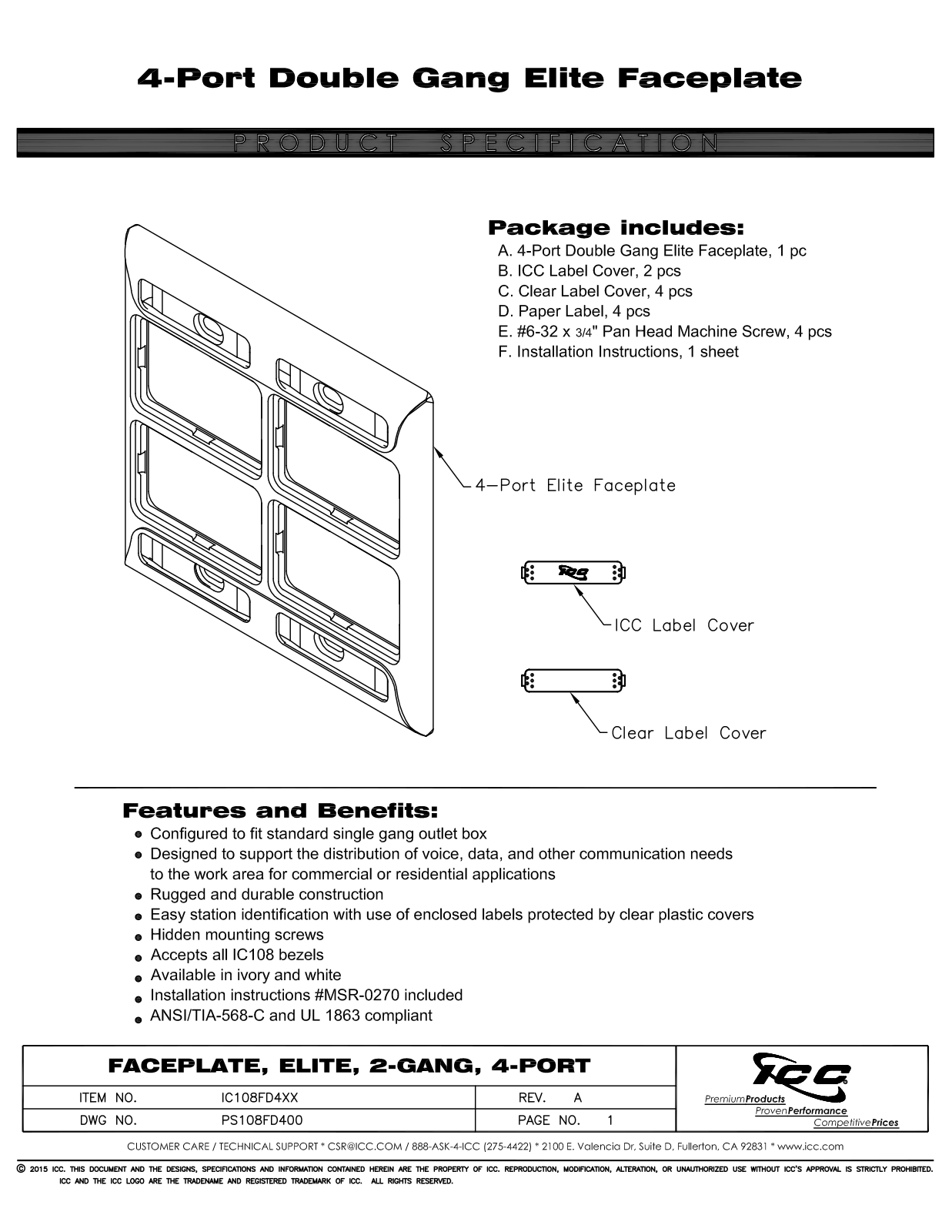 ICC IC108FD4IV, IC108FD4WH Specsheet