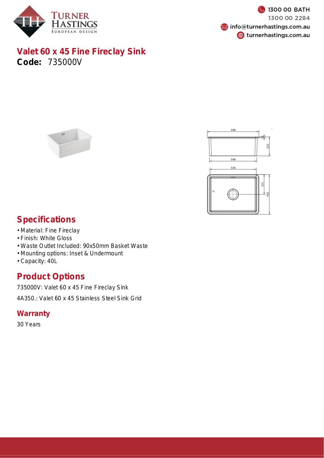 Turner Hastings 735000V Specifications Sheet