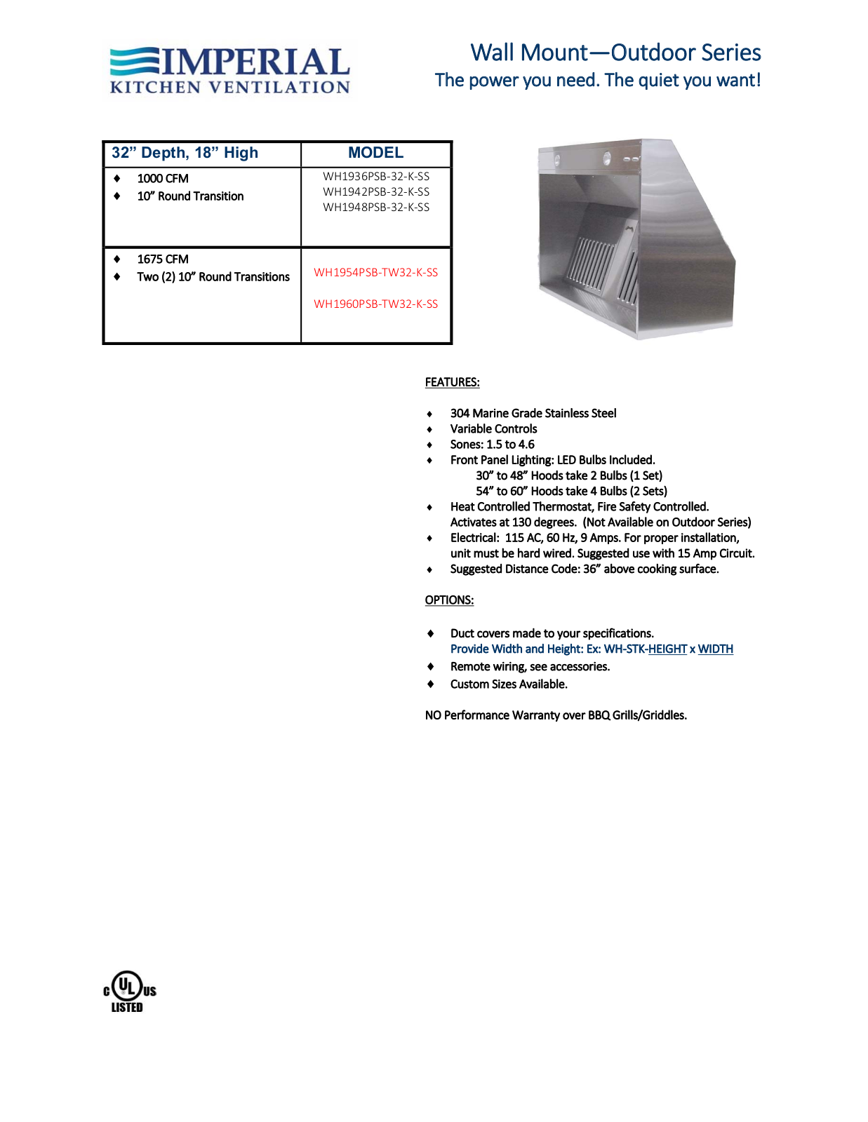 Imperial WH1960PSBTW32KSS Specifications