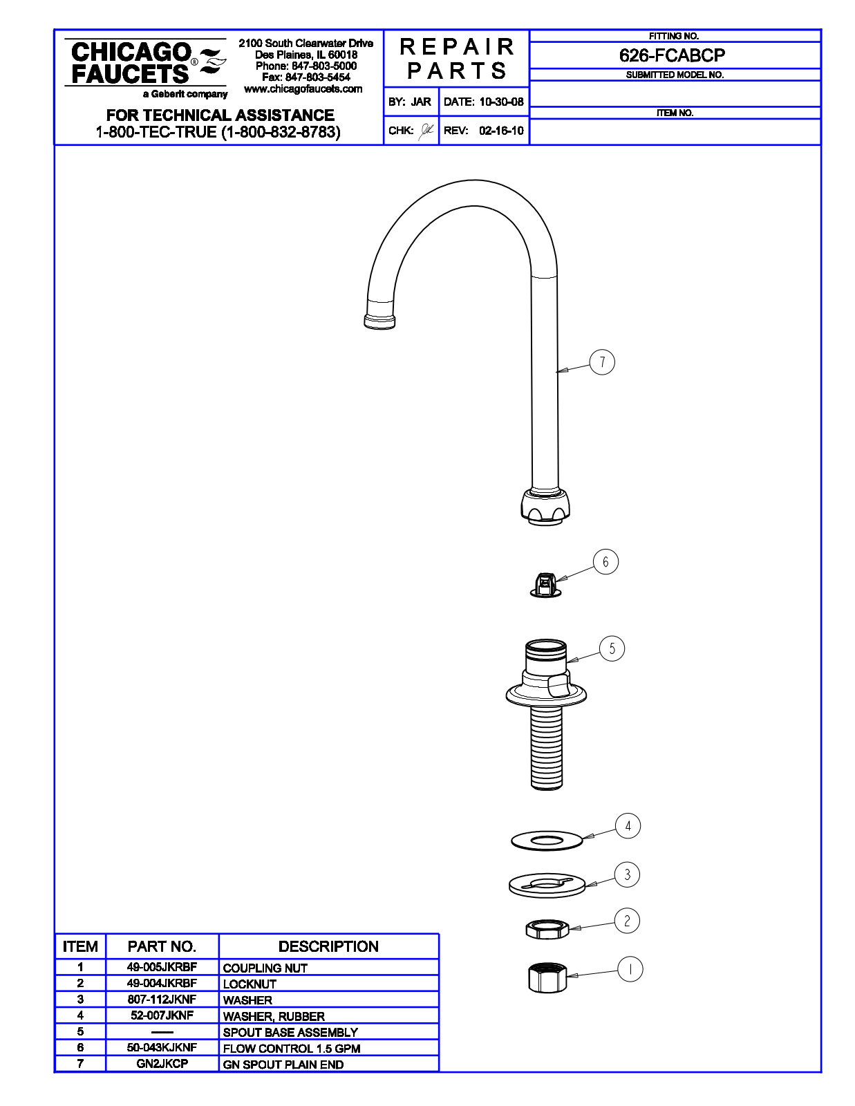 Chicago Faucet 626-FCABCP Parts List