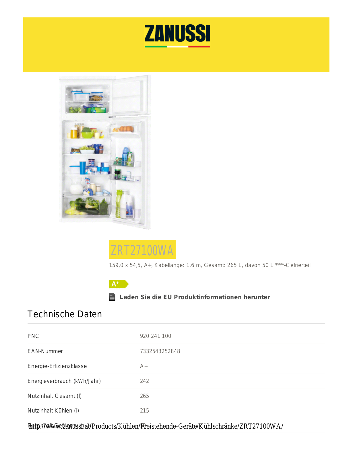 Zanussi ZRT27100WA User Manual