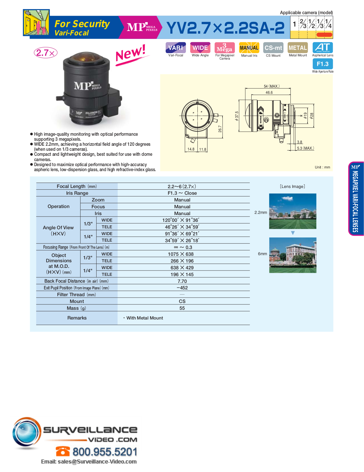 Fujinon DV3-4x3-8SA-SA1, YV2-7x2-2SA-2 Specsheet