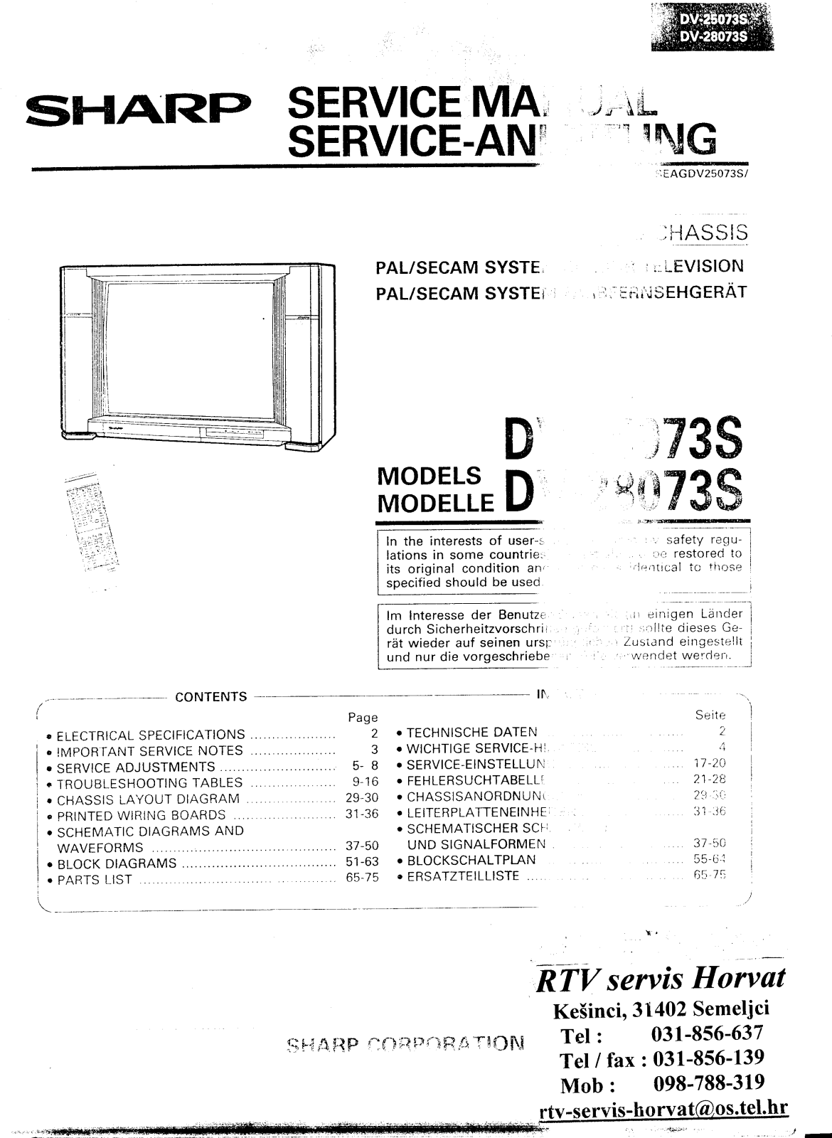 SHARP DV-25073S, DV-28073S Service Manual