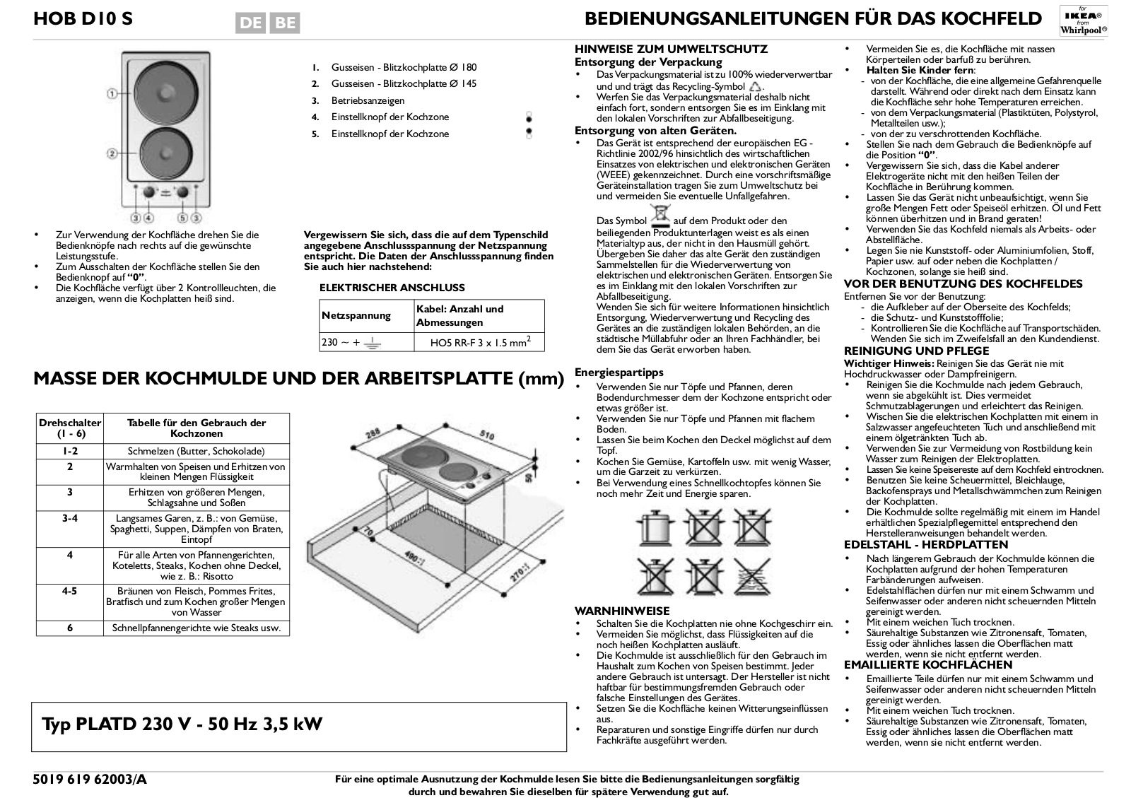 Whirlpool HOB D10 S PROGRAM CHART