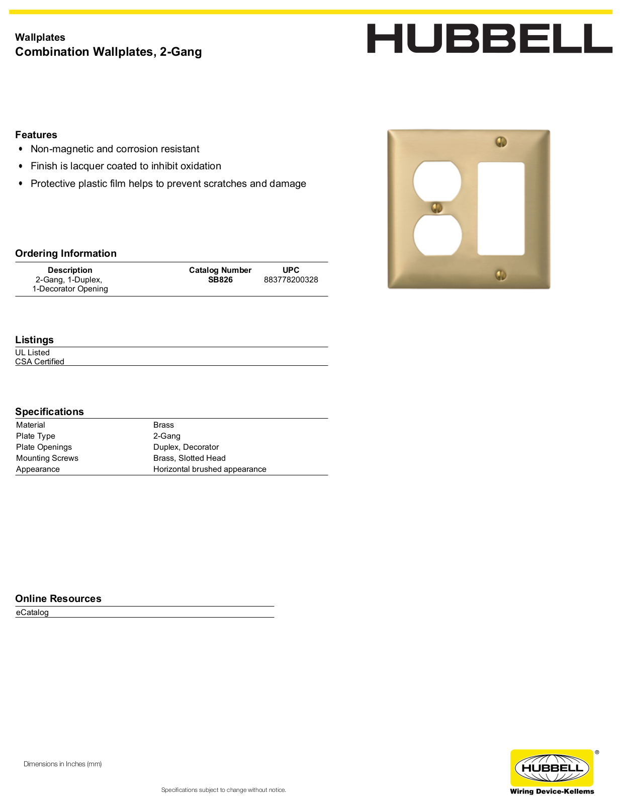 Hubbell SB826 Specifications