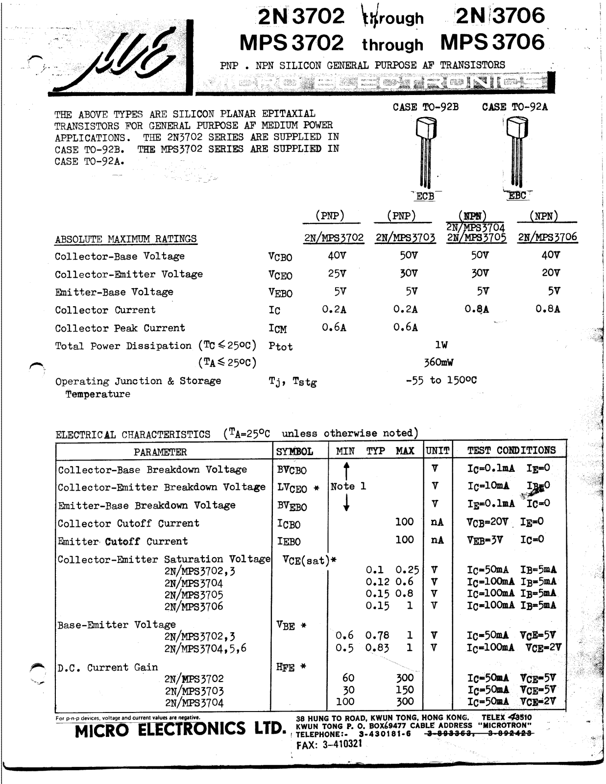 ME 2N3704, 2N3703, 2N3702, 2N3706, 2N3705 Datasheet