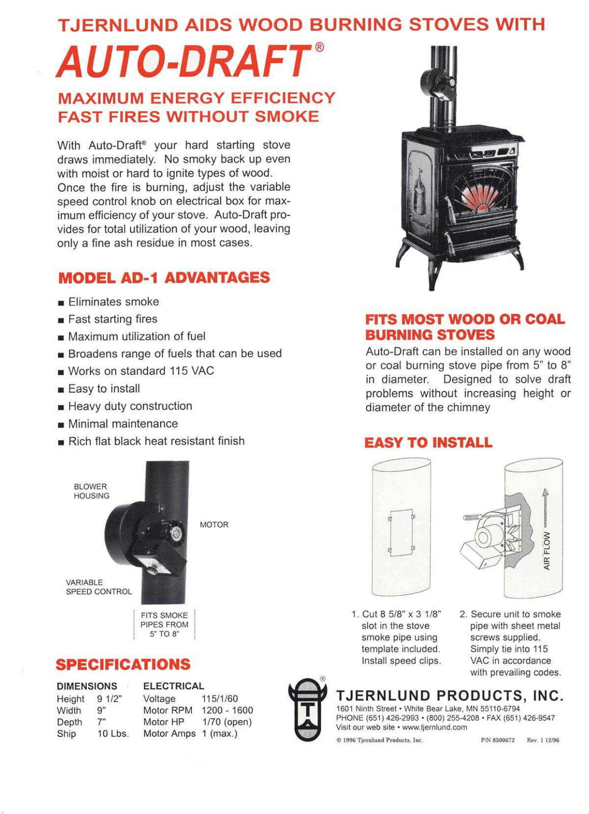 TJERNLUND AD-1 DRAFT INDUCER FOR WOOD BURNING STOVES 8500672 REV. 1 1296, Auto-Draft AD-1 User Manual