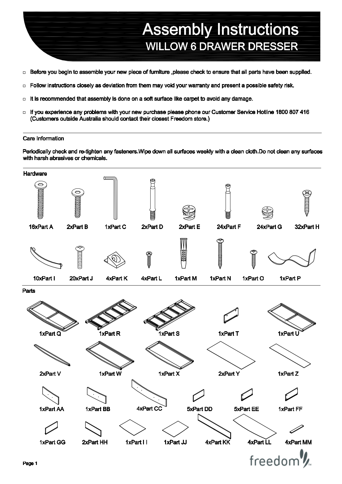 Freedom Willow Dresser 6 Drawer Assembly Instruction