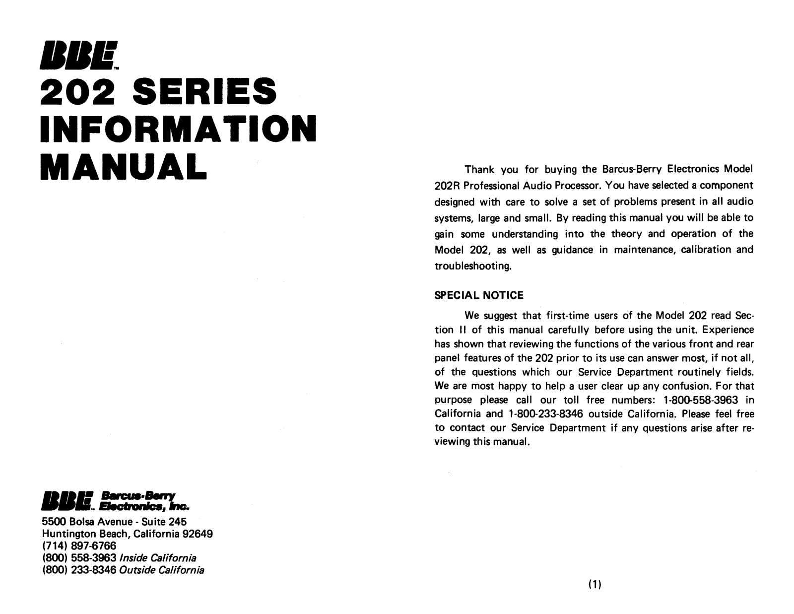 Bbe sound 202 User Manual