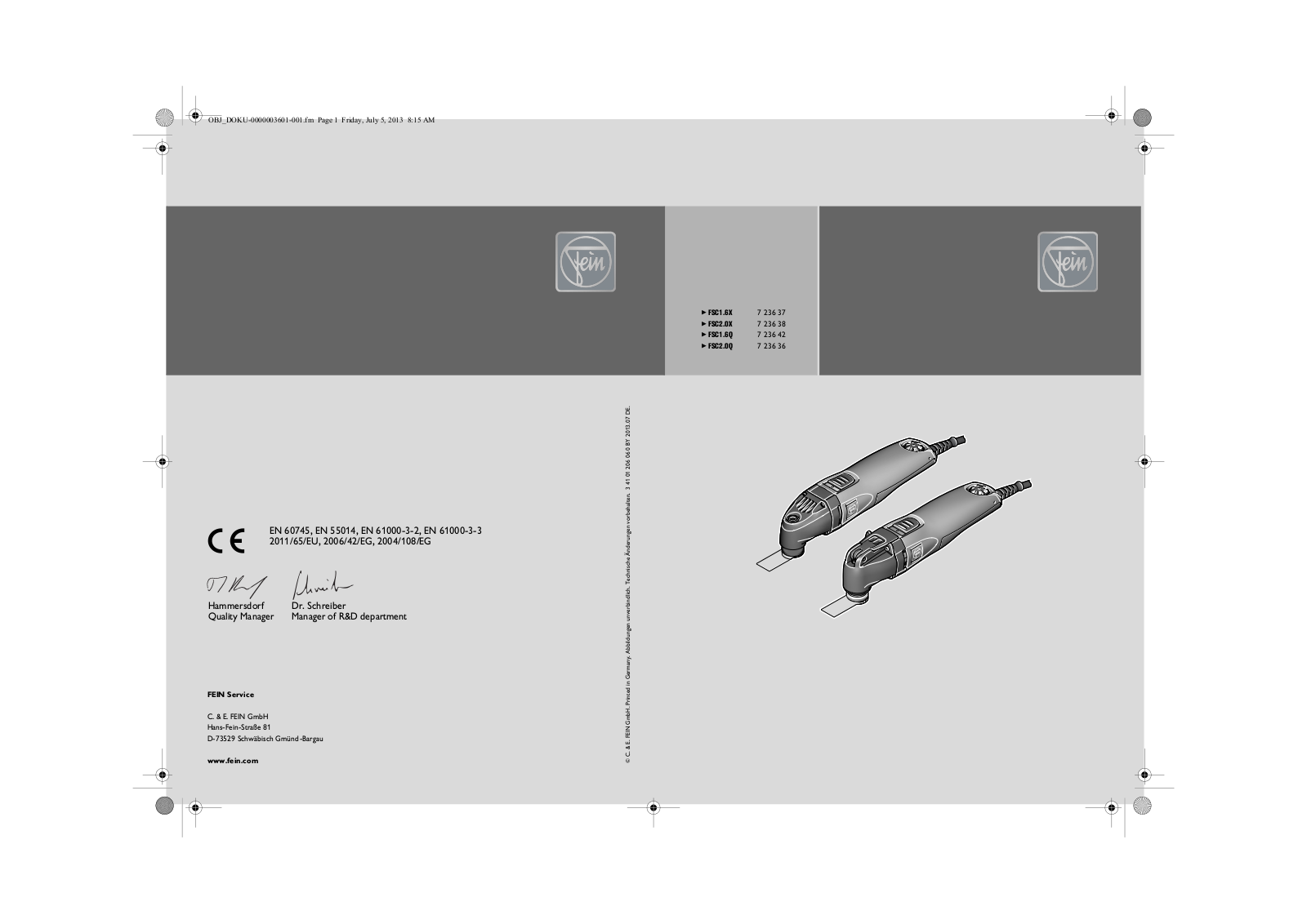 Fein FSC1.6X, FSC2.0X, FSC1.6Q, FSC2.0Q User guide